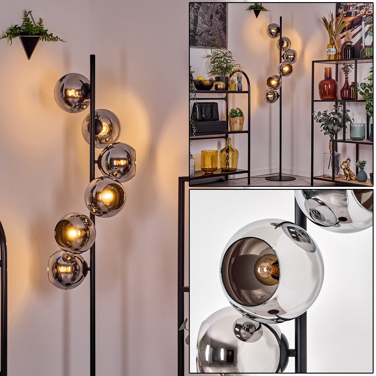 Stehlampe Stehlampe aus Metall/Glas in Schwarz/Chrom-/Rauchfarben