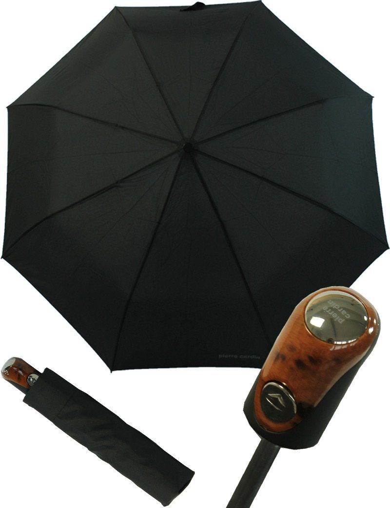 Pierre Cardin Taschenregenschirm formschöner Knaufgriff ALUPLA mit Wood Carbonoptik Holzoptik, und Auf-Zu-Automatik Holz- - Herren