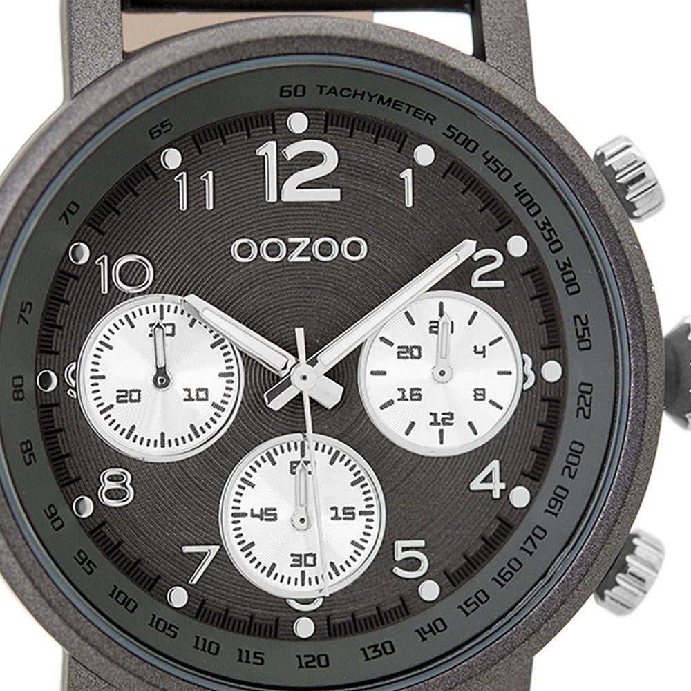 OOZOO Quarzuhr grau (ca. Oozoo extra Armbanduhr Herrenuhr rund, groß Lederarmband, Analog, Herren Casual-Style 48mm)