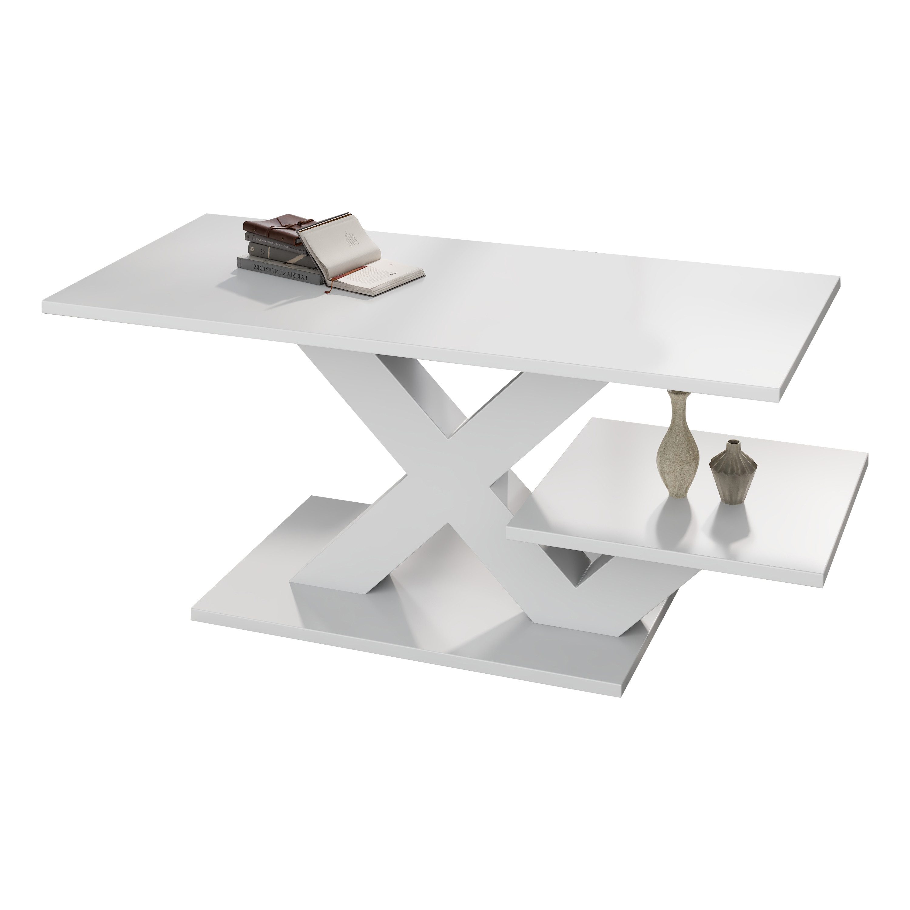 Merax Couchtisch Sofatisch Beistelltisch mit X-förmige Designbeine (1-St), Wohnzimmertisch mit 2 Tischplatten, 100x48x45cm