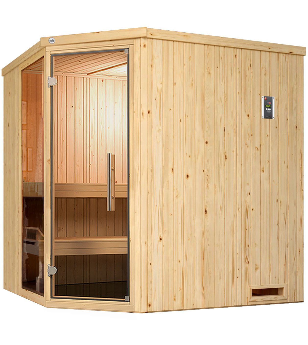 weka Sauna Element-Ecksauna VARBERG 2, BxTxH: 194 x 177 x 199 cm, 68 mm, vorgefertigte Elemente, Fensterelement, moderne Ganzglastür