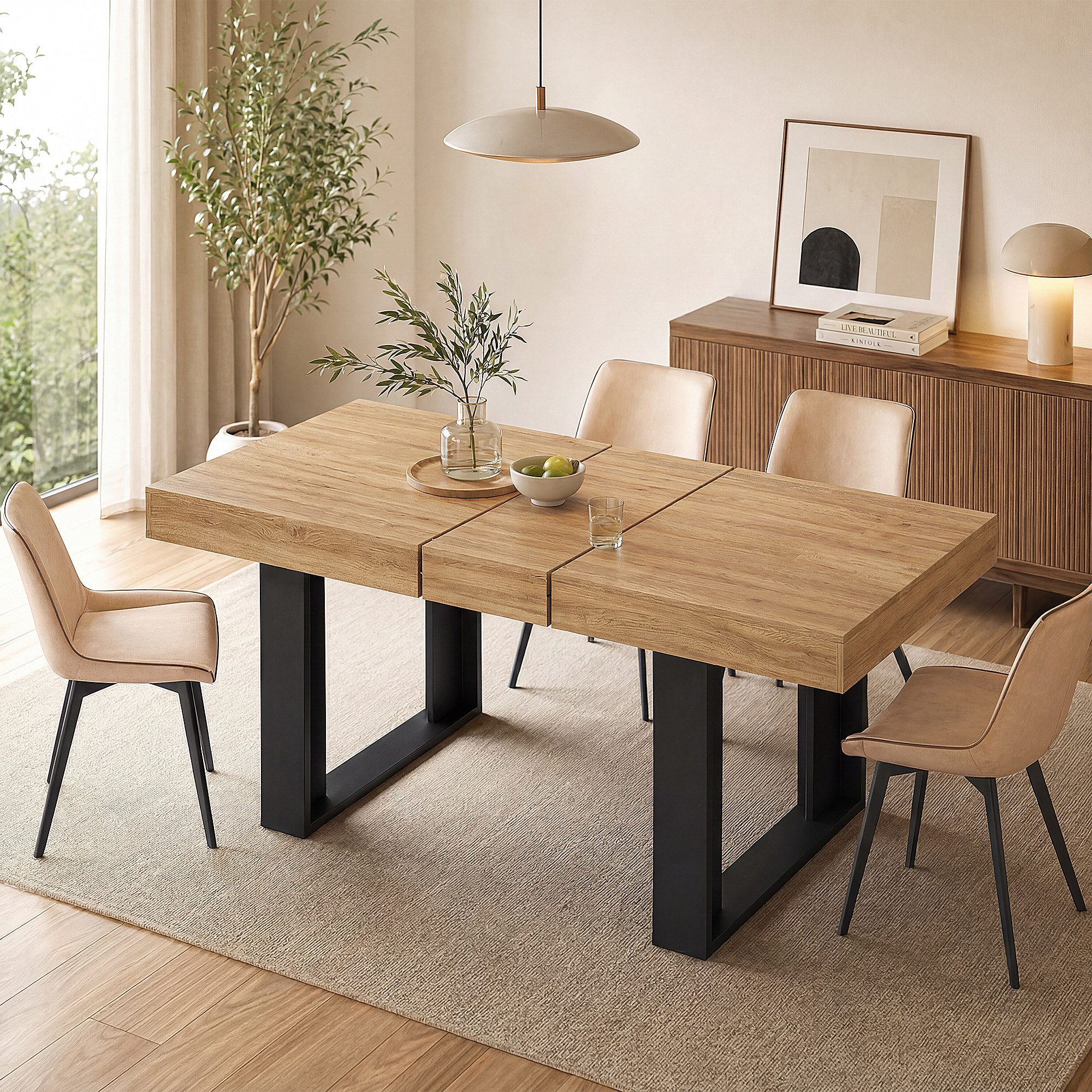 GRAVFORCE Esstisch Küchentisch, Wohnzimmertisch mit ausziehbarer Tischplatte 120–160 cm (1-St), Naturholz-Tisch für 2-6 Personen – Ideal für Esszimmer & Wohnzimmer