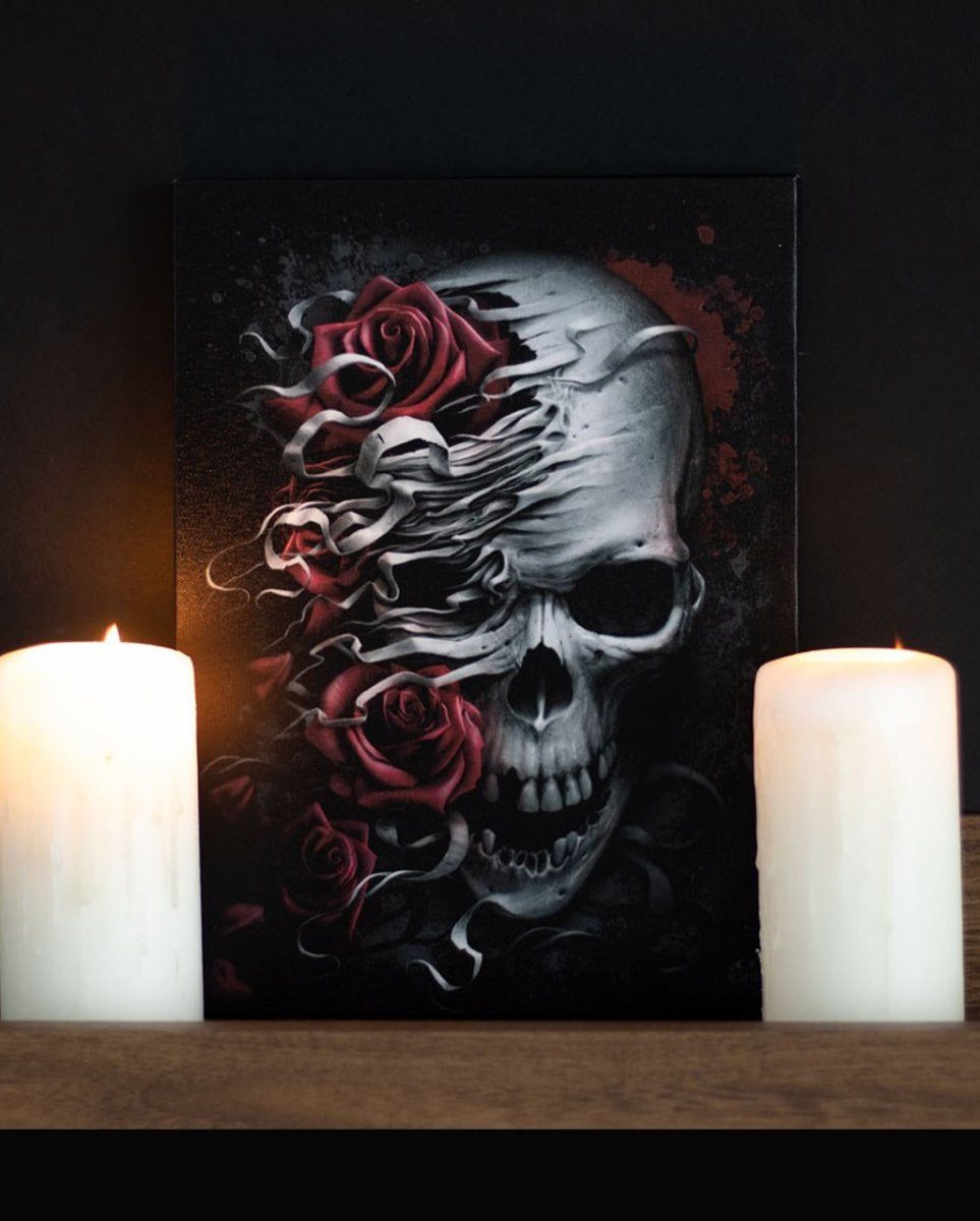 Horror-Shop Dekofigur Totenschädel mit auf 19x25 cm Rosen Leinwand