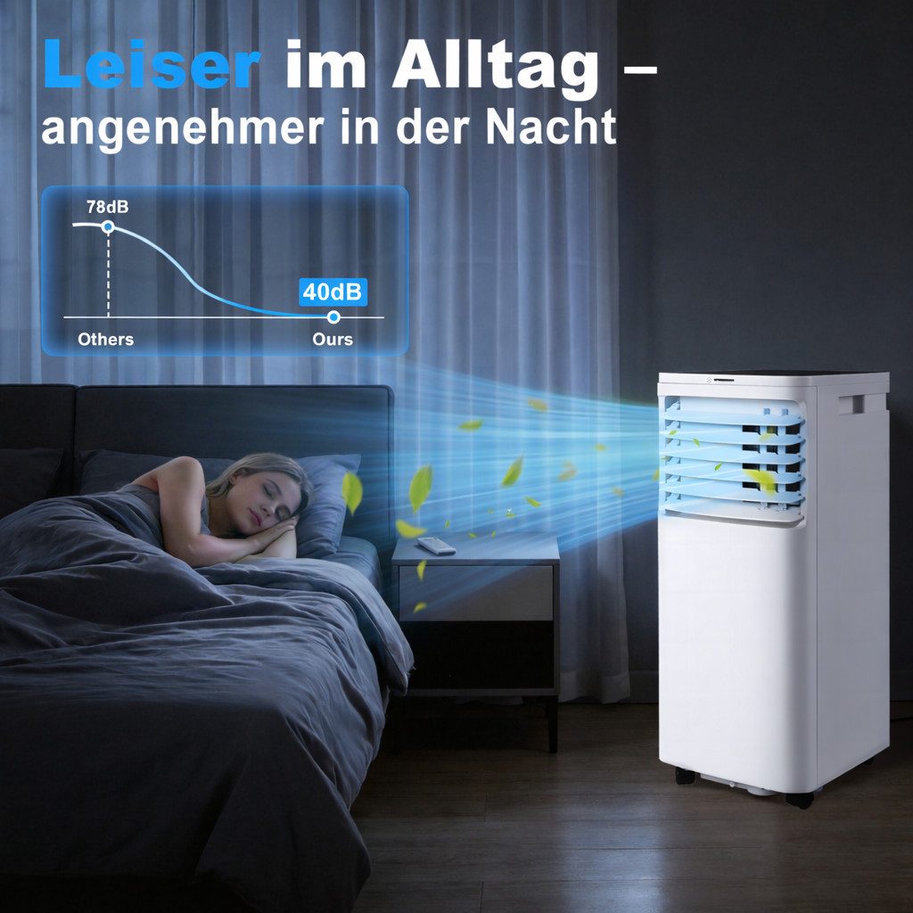 Nettlife Klimagerät Mobile Klimaanlage 7.000/9.000 BTU – 3-in-1 Gerät Leiser Schlafmodus, für Räume bis 20 m² Leiser für Mietwohnungen ohne Bohren