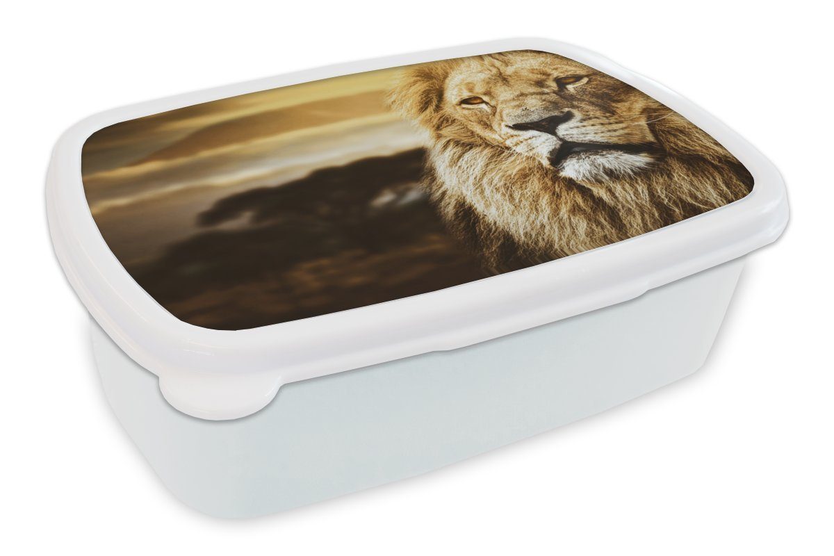 MuchoWow Lunchbox Wildes Tier - Sonnenuntergang - Afrika, Kunststoff, (2-tlg), Brotbox für Kinder und Erwachsene, Brotdose, für Jungs und Mädchen weiß