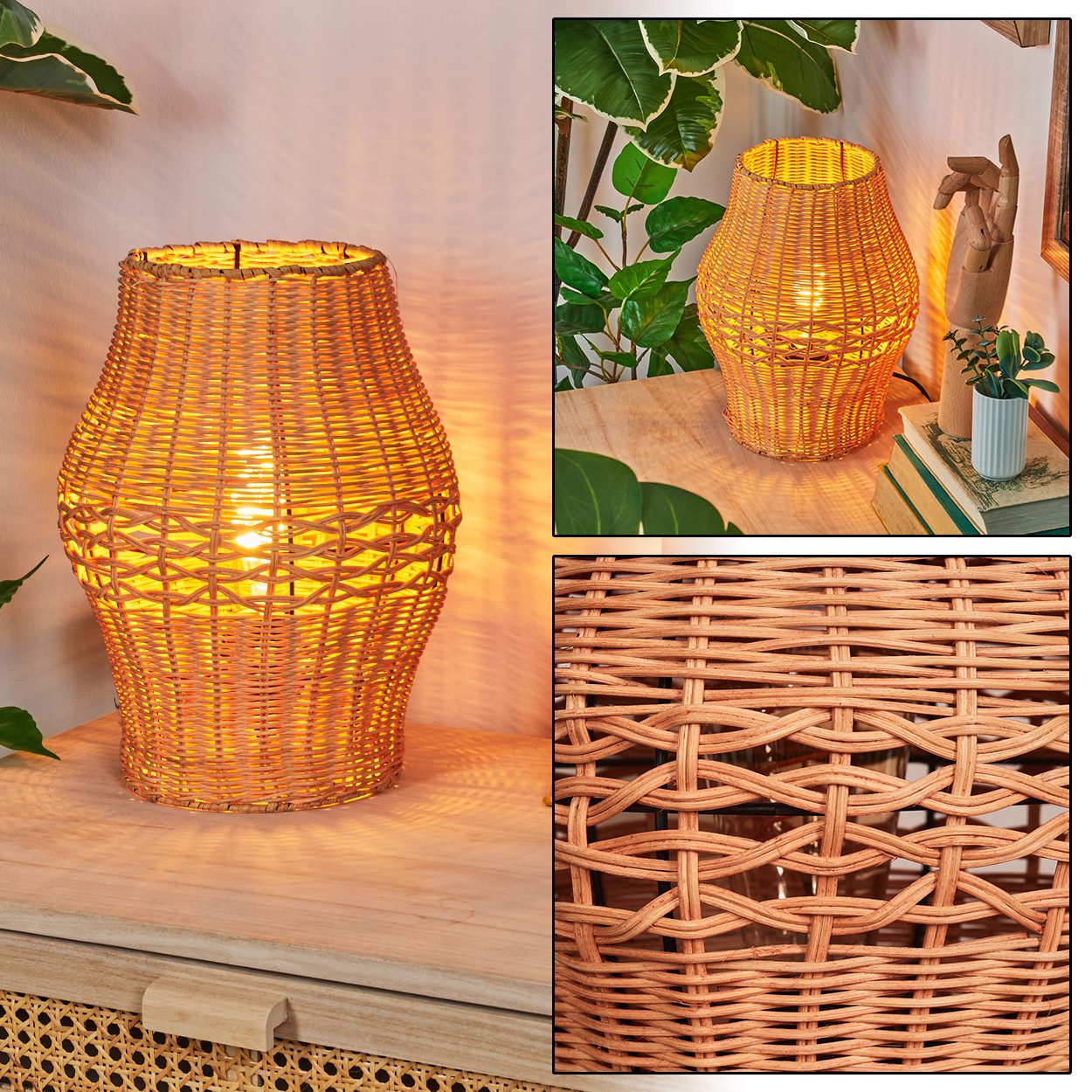 hofstein Tischleuchte Tischlampe aus Metall/Rattan in Schwarz/Naturfarben, günstig online kaufen