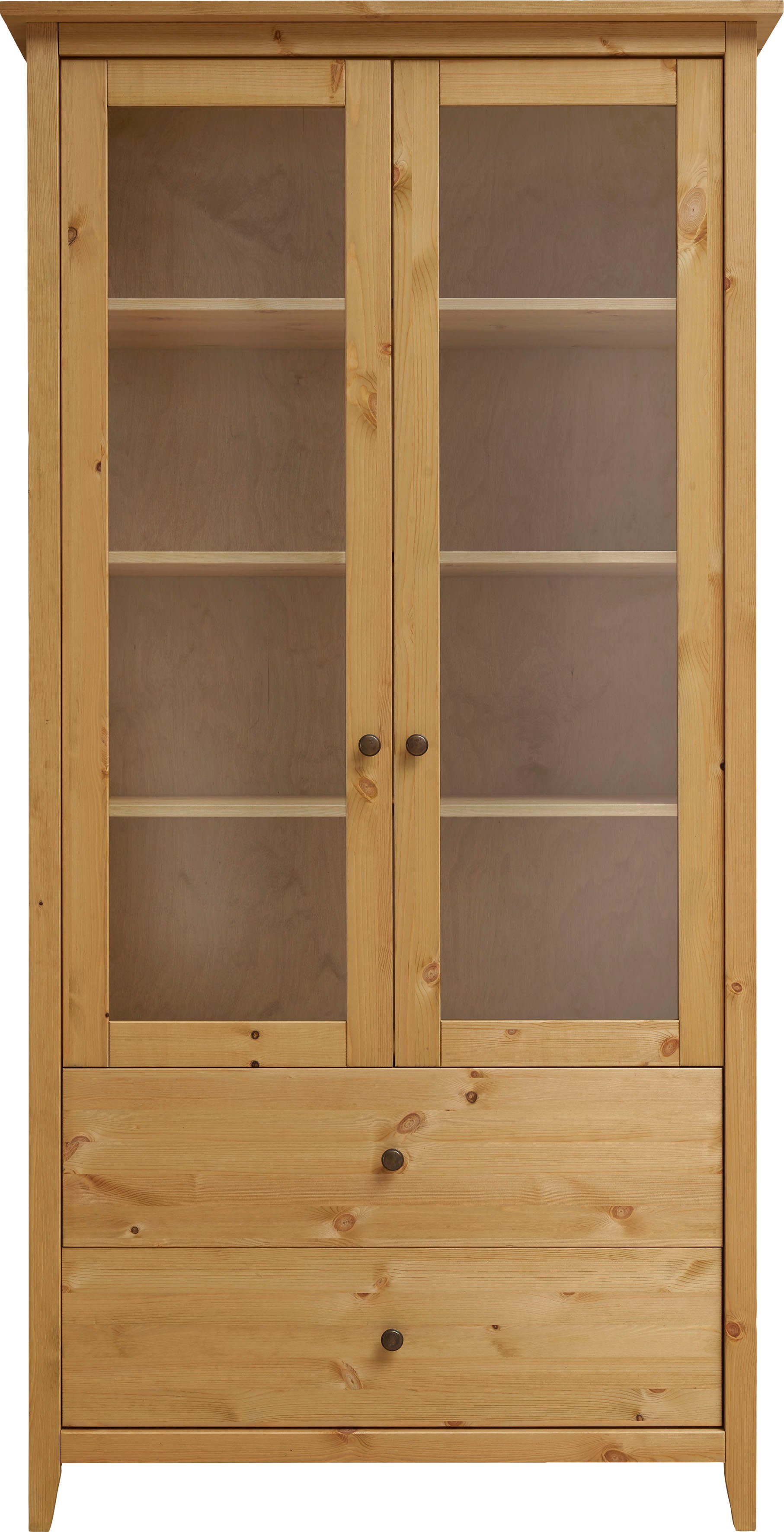 Wohn[glück]lich by Infantil Vitrine Solvita Schrank Hochschrank mit Glastür, Kiefer massiv Breite 101 cm, Landhaus Gebeizt geölt | Gebeizt geölt | Vitrinenschränke