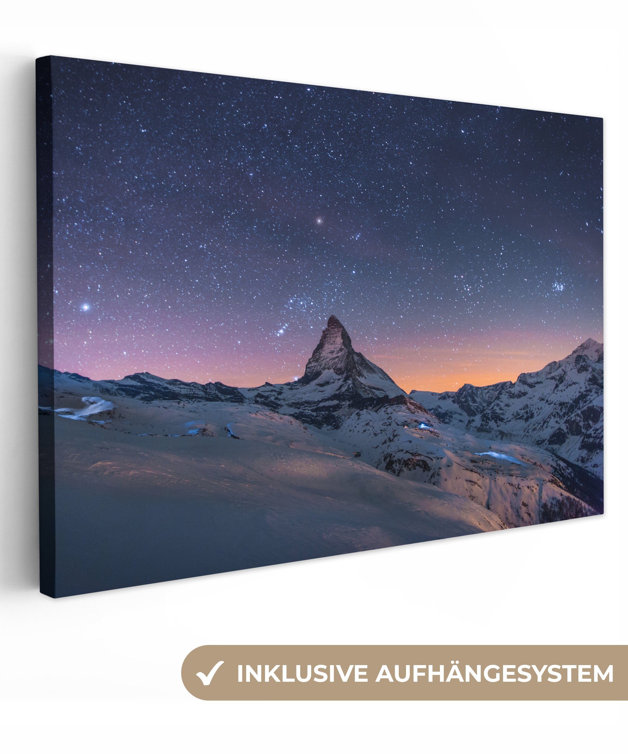 OneMillionCanvasses® Leinwandbild Nacht über der Landschaft im Winter des Schweizer Matterhorns, (1 St), Wandbild Leinwandbilder, Aufhängefertig, Wanddeko, 30x20 cm