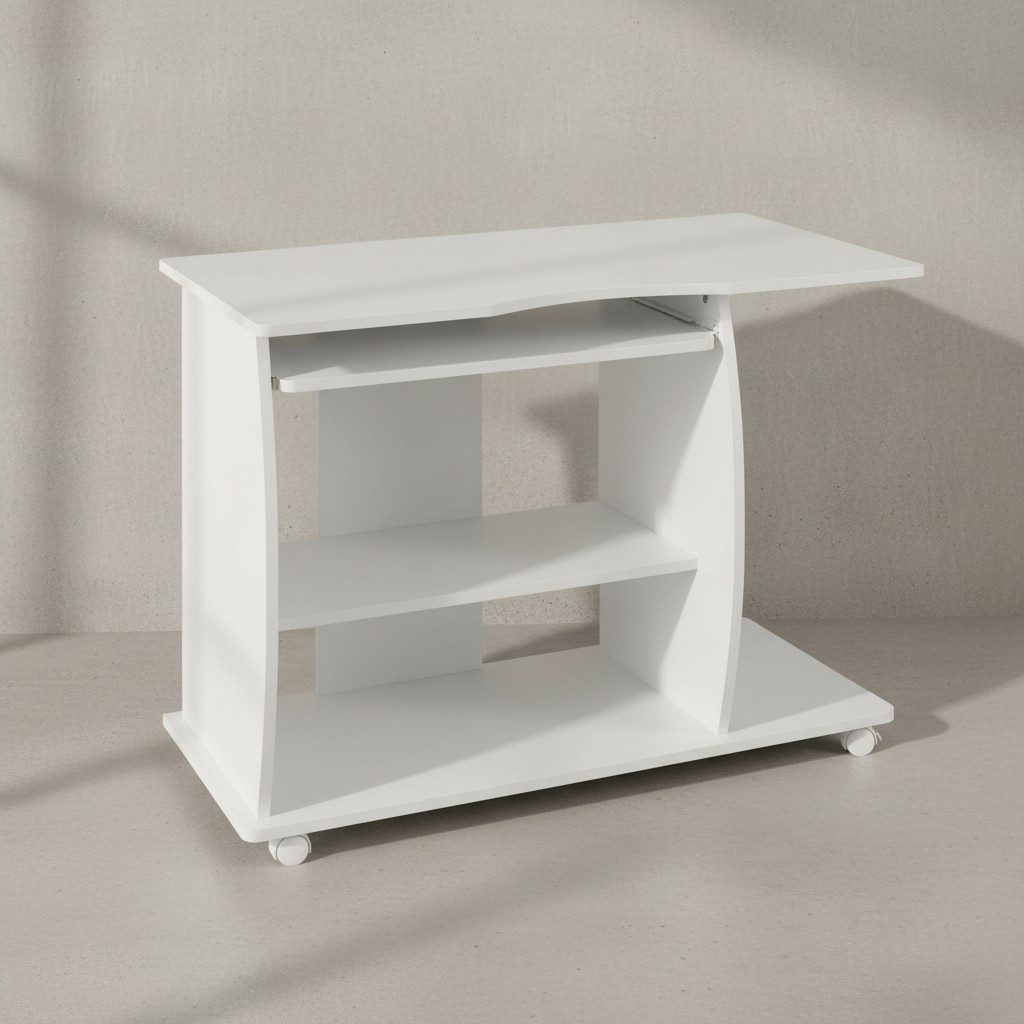 KADIMA DESIGN Schreibtisch Computertisch GRASSE rollbar Weiß 90 x 71 x 50 cm mit Tastaturauszug, (platzsparend, Schreibtisch für kleine Räume), Laptop Tisch auf feststellbaren Rollen, PC-Tisch mit Drucker-Ablage