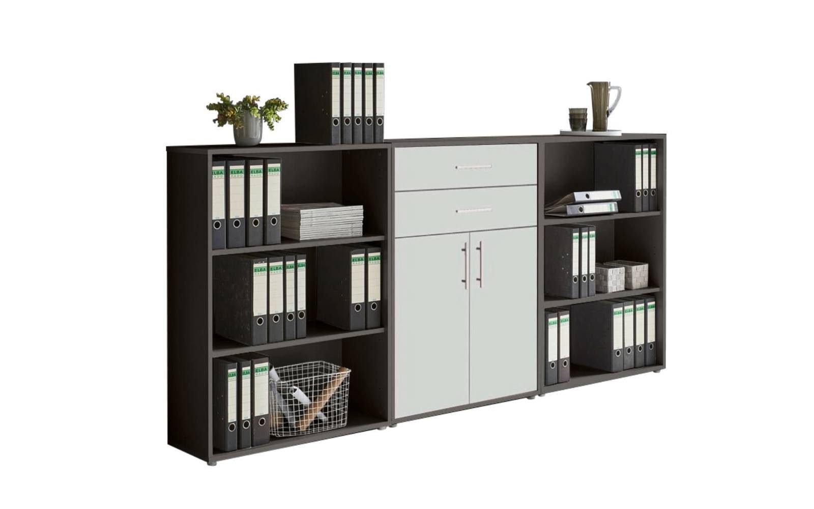 BMG Möbel Aktenschrank Office Edition Schrankwand 14 (3-teiliges Büro-Set, 2x Regal und Schubkastenschrank) Fronten Matt oder Glanz lackiert wählbar, Made in Germany