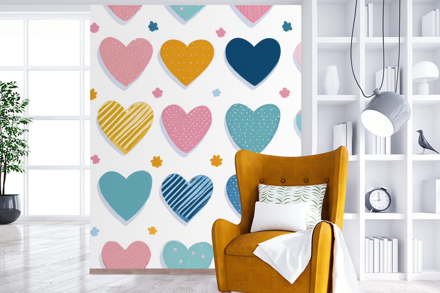 MuchoWow Fototapete Herzen - Pastell - Farbkontrast - Handgezeichnet, Matt, bedruckt, Vliestapete für Wohnzimmer Schlafzimmer Küche, Fototapete, 210x260 cm