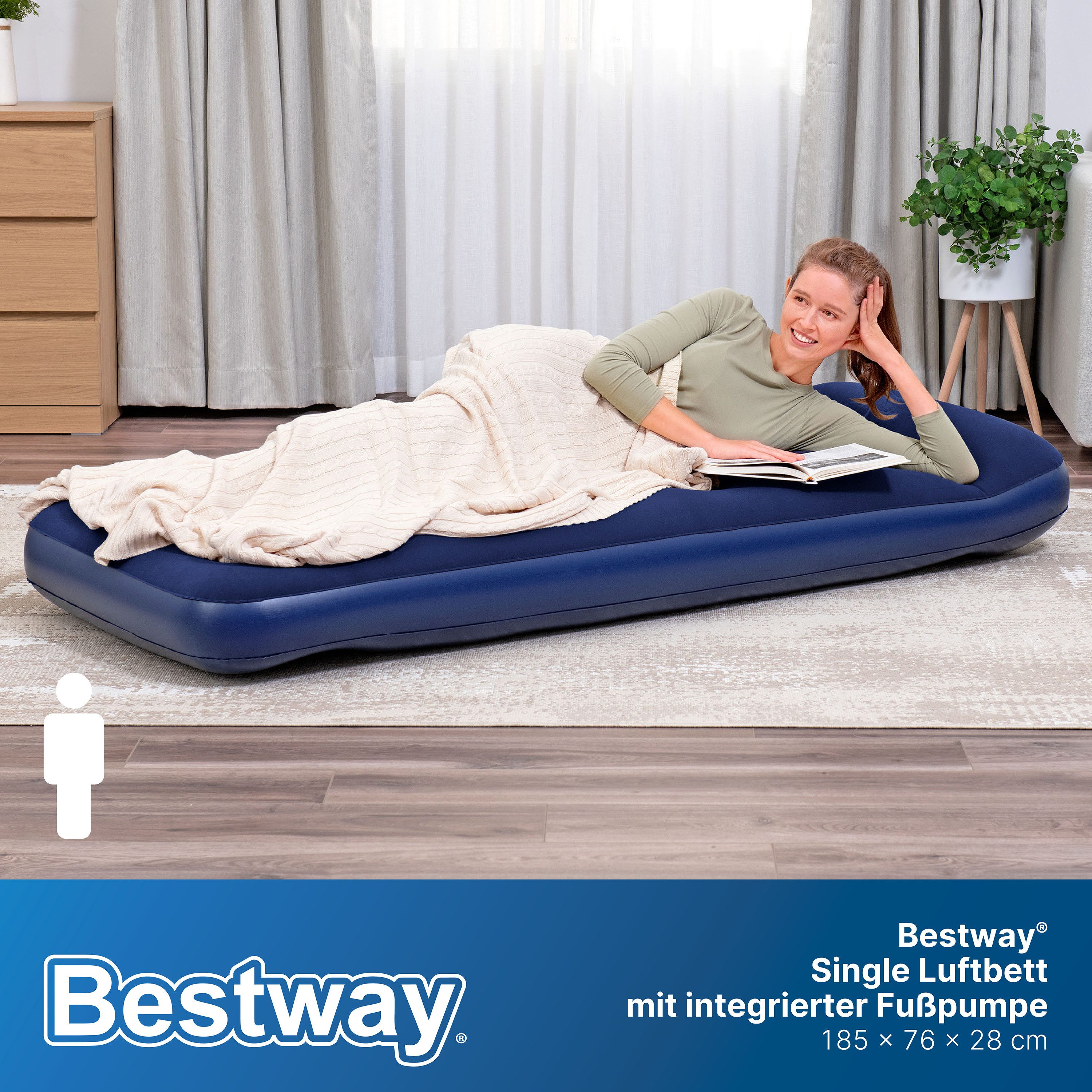 Bestway Luftbett 185 x 76 x 28 cm, (Packung, 1-tlg., Inkl. integrierter Fußpumpe), Ideal für den Innen- und Außengebrauch