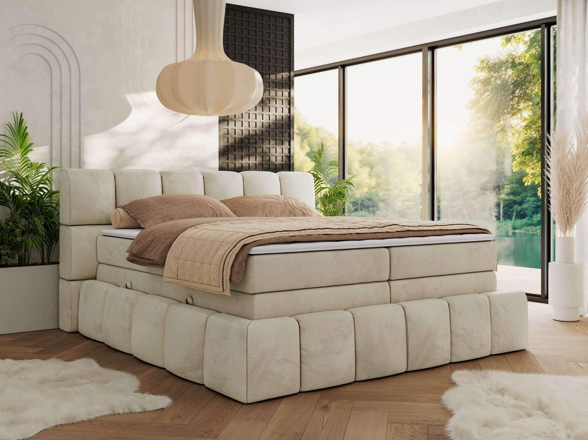 MKS MÖBEL Boxspringbett NIRA KING (Doppelbett-Set mit Topper & Bettkasten, 7-Zonen-Taschenfederkern, Härte H3/H4 wählbar, Topper 5 cm), breites, weiches Kopfteil, Komfortliegehöhe, robuste Ausführung