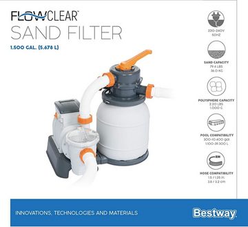 BESTWAY Sandfilteranlage Bestway 58497 Flowclear Sandfilteranlage 5.678 l/h, Pool Umwälz und Filter Pumpe mit Zeitschaltuhr und Chemikalien Dosierer