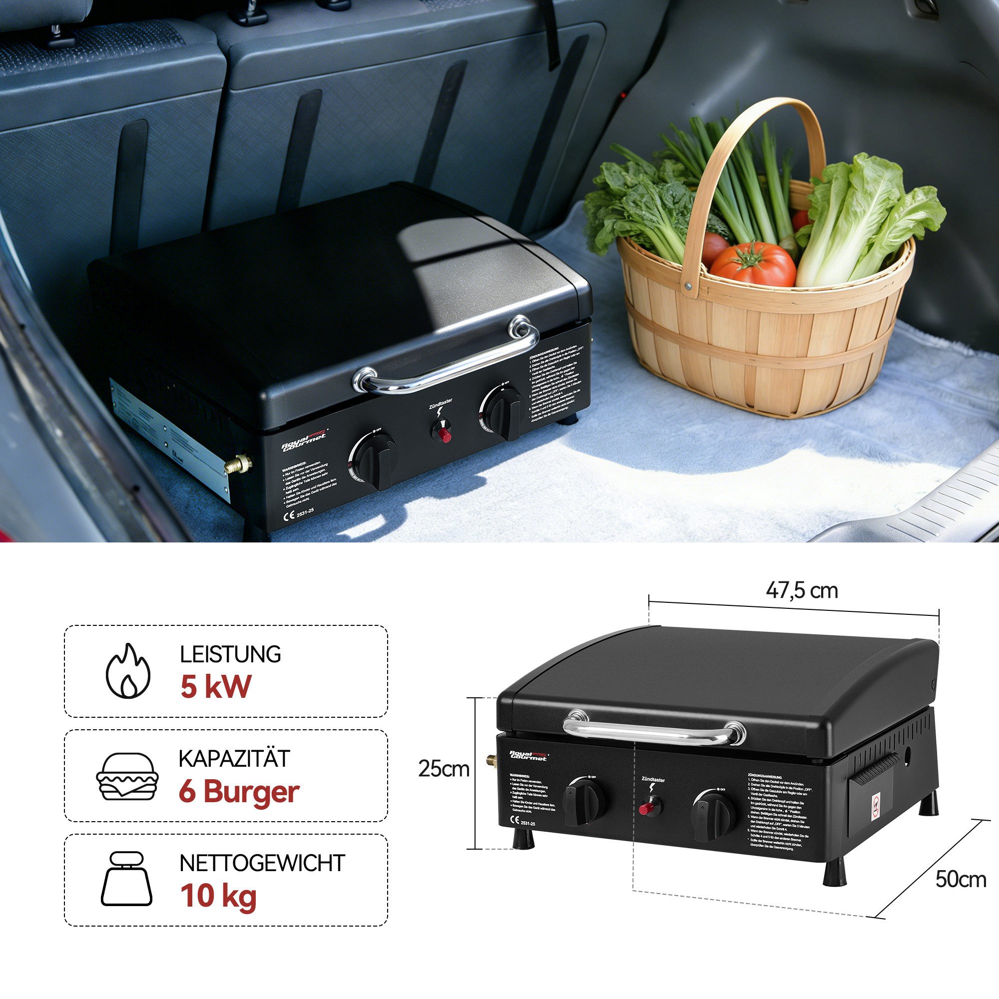 Royal Gourmet Gasgrill 2-Brenner Tisch-Gasgrill mit insgesamt 5 kW Leistung, Emaillierte Gasplancha für Camping und Outdoor
