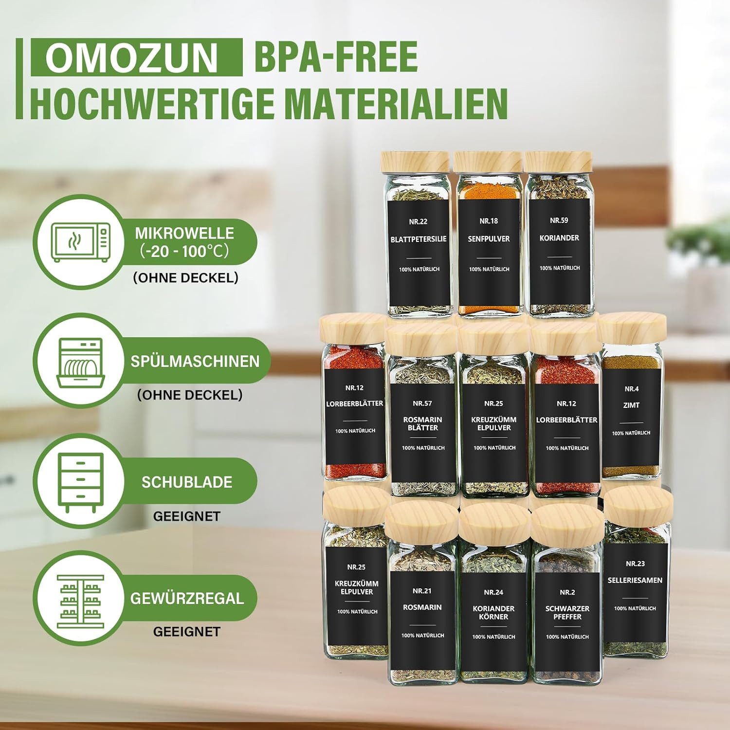 BBWL Pfefferstreuer Gewürzgläser Set eckig 120 ml mit Zubehör, 12er, 24er oder 36er Set, (12-tlg), luftdichte Gewürzdosen aus Glas mit Etiketten für Schubladen&Organizer