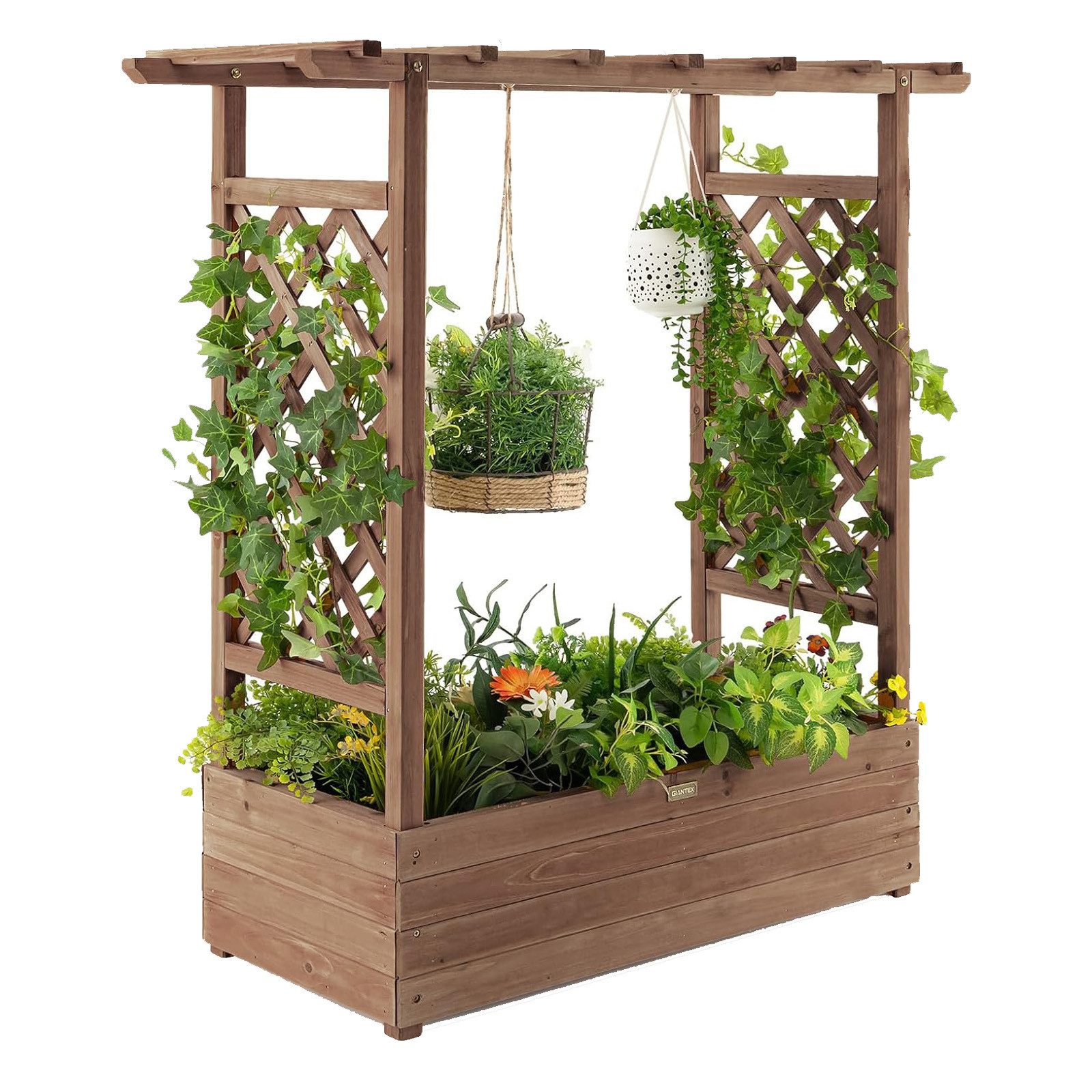 KOMFOTTEU Hochbeet mit Rankgitter Pflanzkasten, mit Ablauflöchern, für kletternde Pflanzen