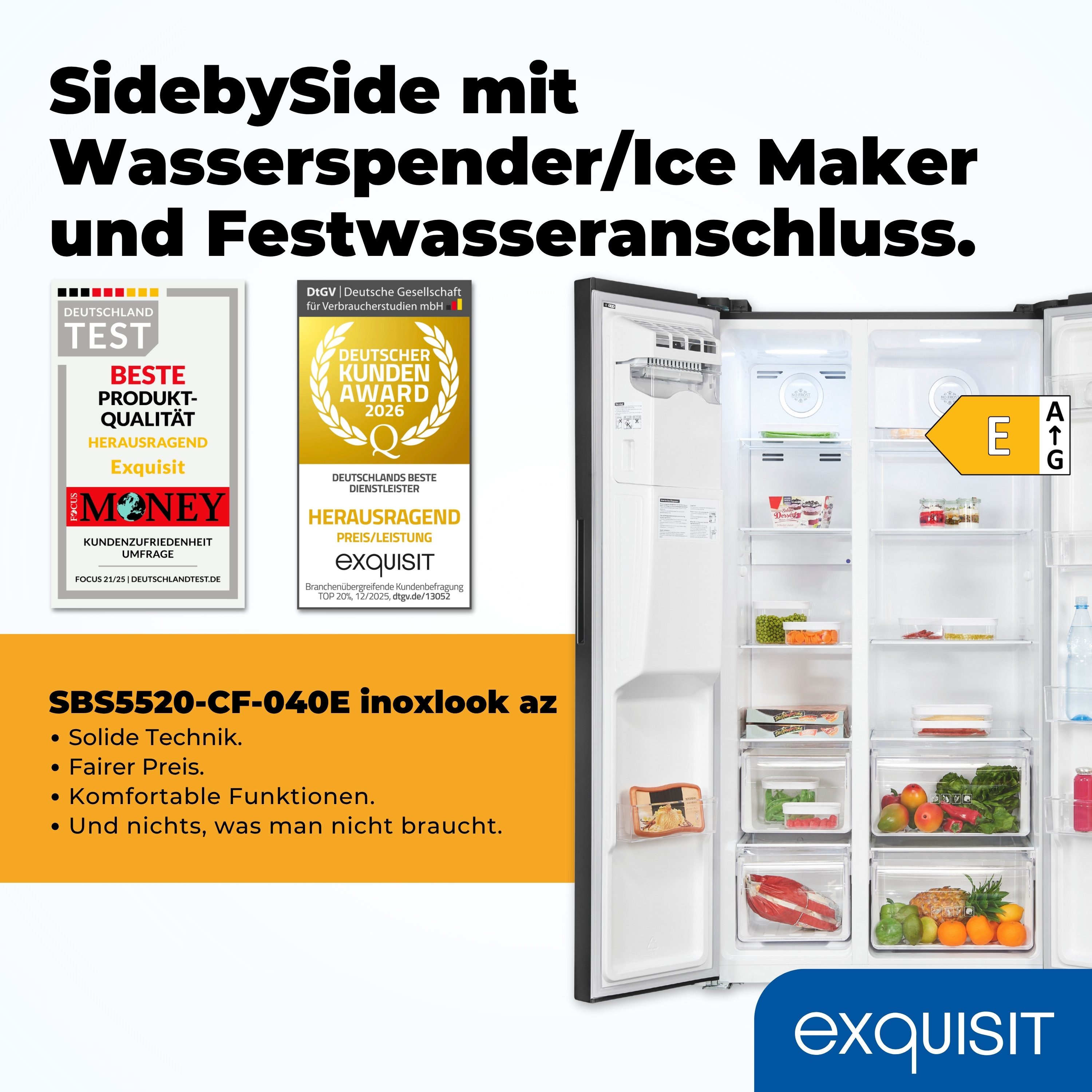 exquisit Kühl-/Gefrierkombination SBS5520-CF-040E, 177,5 cm hoch, 91 cm breit, 4-Sterne-Fach, LED-Beleuchtung, NoFrost