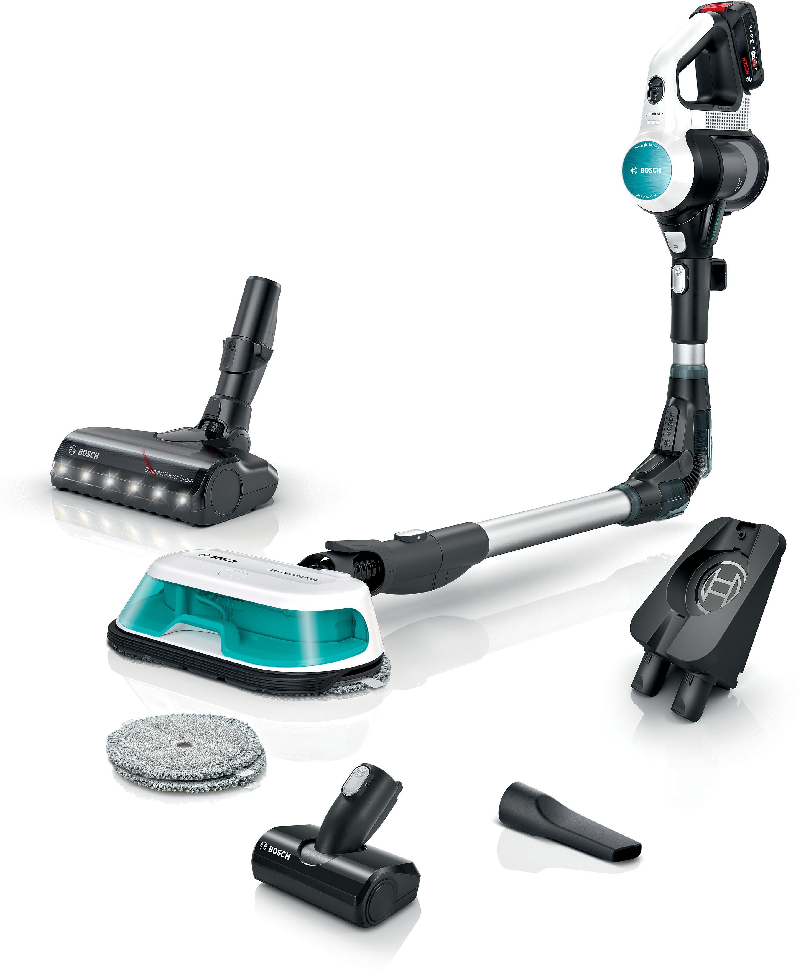 BOSCH Akku-Stielstaubsauger Unlimited 7 ProHygienic Aqua BKS71HYG4, 2in1 Saugen & Wischen, beutellos, Knickrohr, Hygiene-Filter, 10 J. Motorgarantie, Mini-Turbo-Düse, weiß