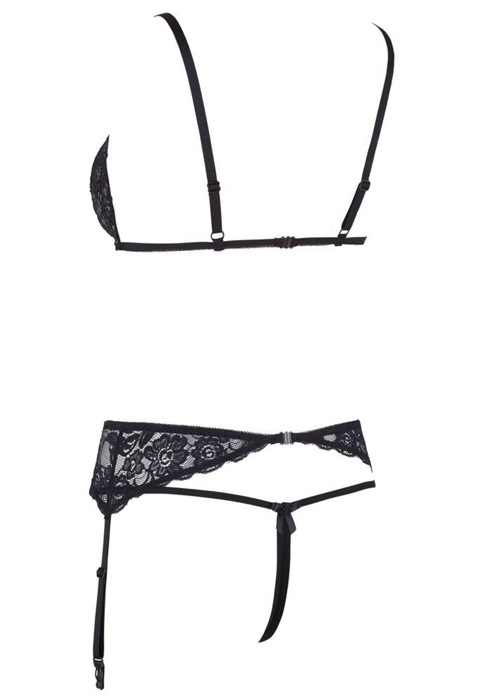 Cottelli Collection Set: Bügelloser BH 3-tlg Strumpfband-Set mit offenem Cup und Intimbereich Spitze schwarz (3-tlg) mit offenem Schritt und Cups