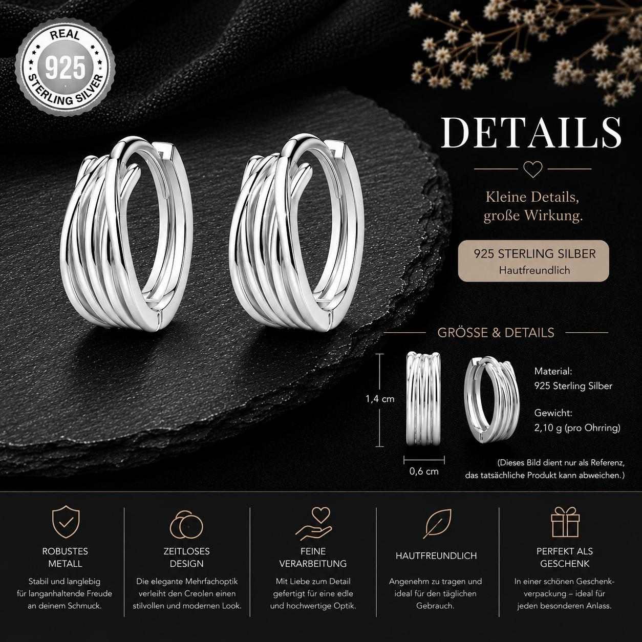 Taffstyle Paar Creolen Ohrringe 925 Sterling Silber Creolen Mehrreihig Klappcreolen Elegant (Elegante Zeitlose Silber Creolen mit moderner Mehrfachoptik - Geschenkidee für Frauen)