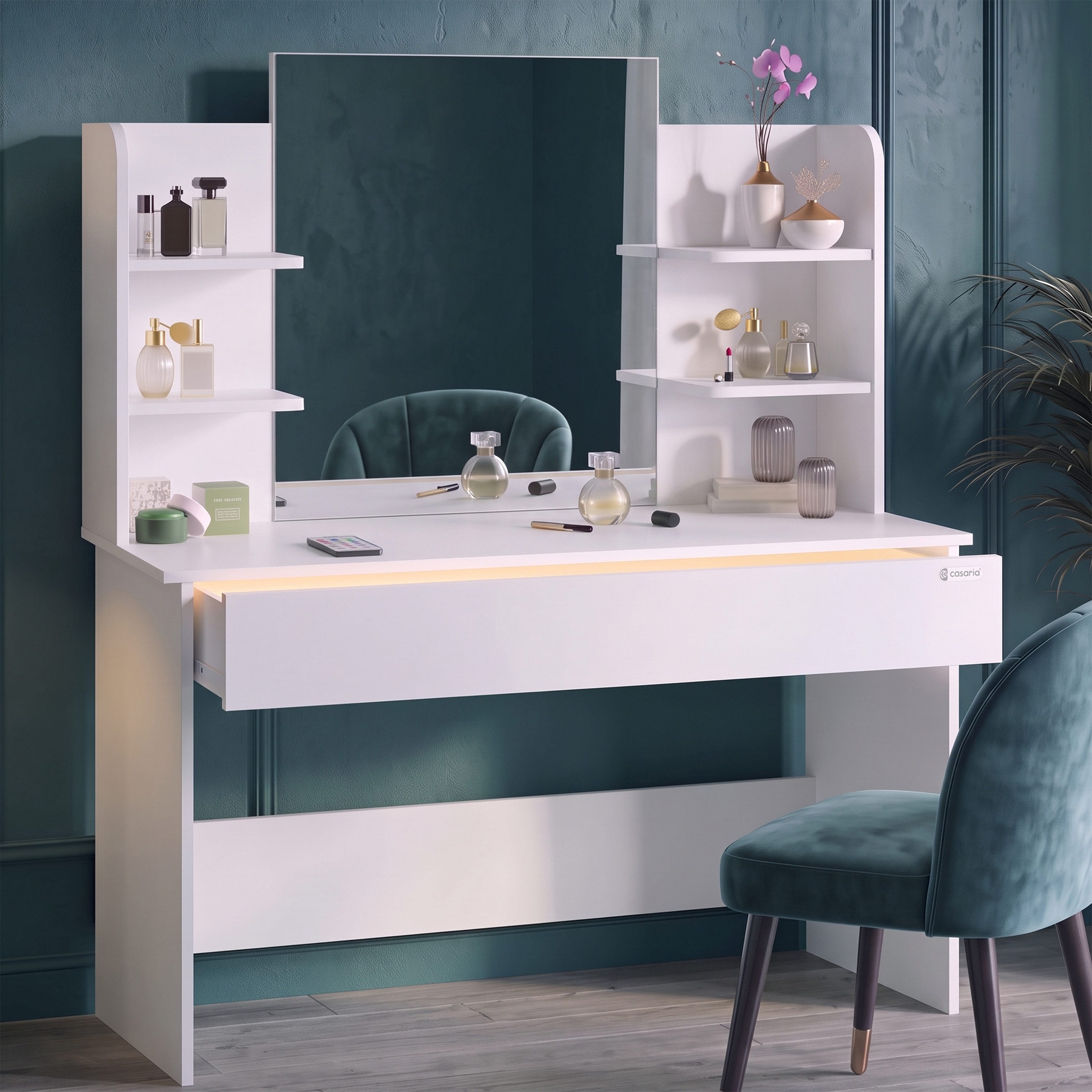 Casaria Schminktisch Lucia (1-St), mit Spiegel Schubladen Beleuchtung Schminkkommode 110x40cm Modern Weiß