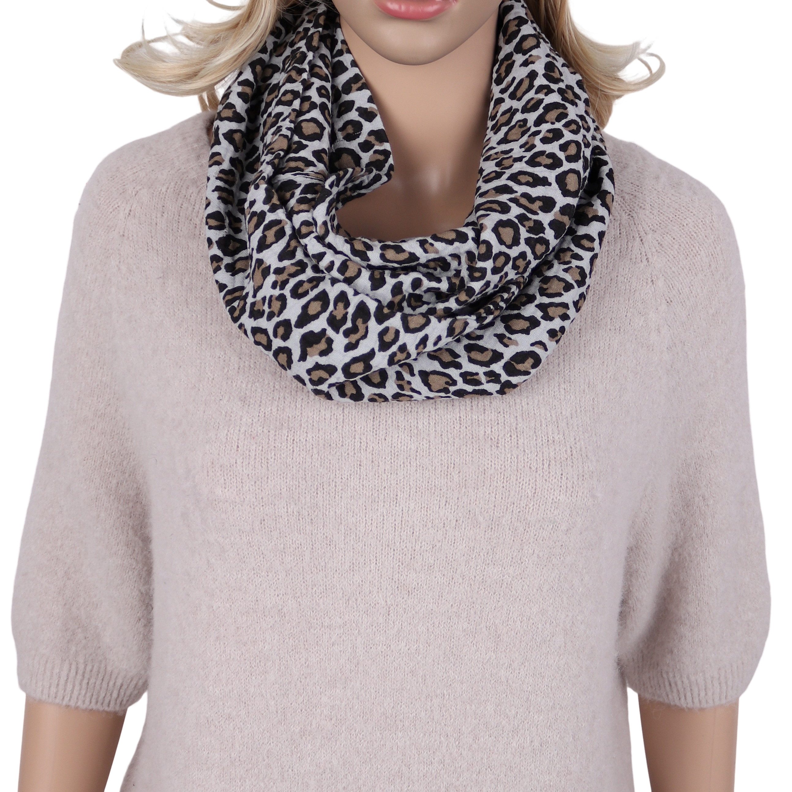 MIRROSI Loop Damen Schal aus Musellin, Made in Italy 70x20cm, Leo, Schlauchschal, (Zweimal um den Hals wickelbar, ca.70x20cm), Damen Halstuch ideal für Frühling, Sommer oder Herbst