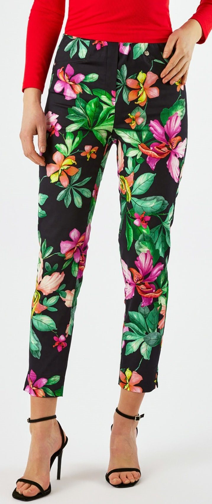 ROBELL Caprihose Rose09-51630-54116, leichte Sommerhose mit floralen Druck, schwarz Capri Hose, streching