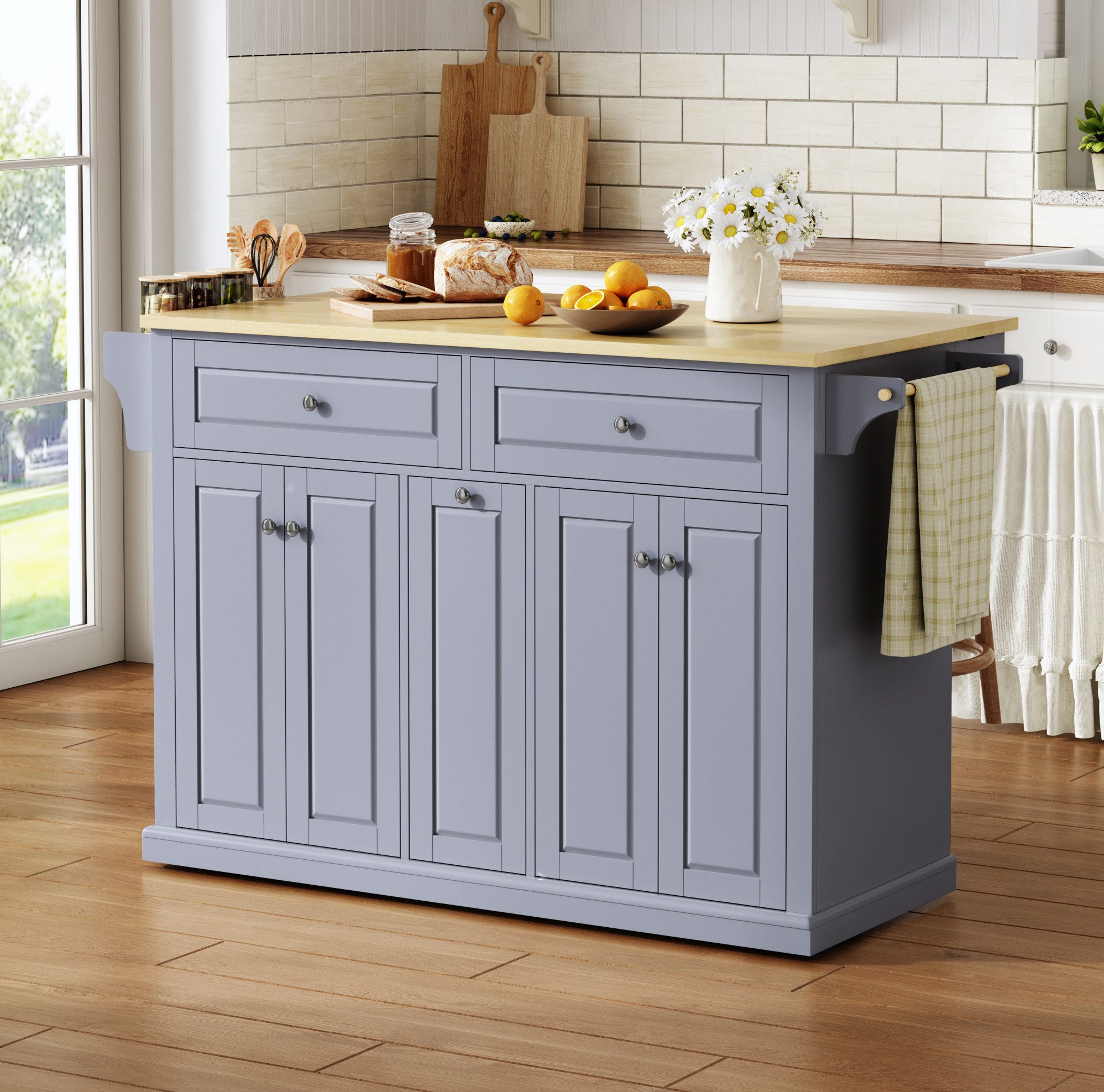 MODFU Kücheninsel 121×49(69)×89 cm Küchenmöbel mit Klappplatte und Stauraum, (Mobiler Küchenwagen mit vertikalen Auszugsschubladen System), Rollschrank mit 2 Schubladen und feststellbaren Rollen Design