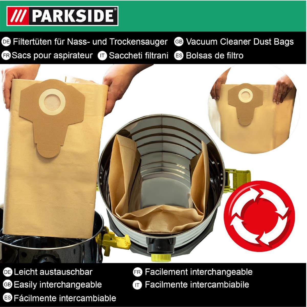 Parkside Staubsaugerbeutel Papierfilterbeutel 30 L passend für PNTS Nass Trockensauger, 5 Stück, passend für Parkside PNTS 1400, 1500, 5 St., 5er-Pack, für Nass Trockensauger