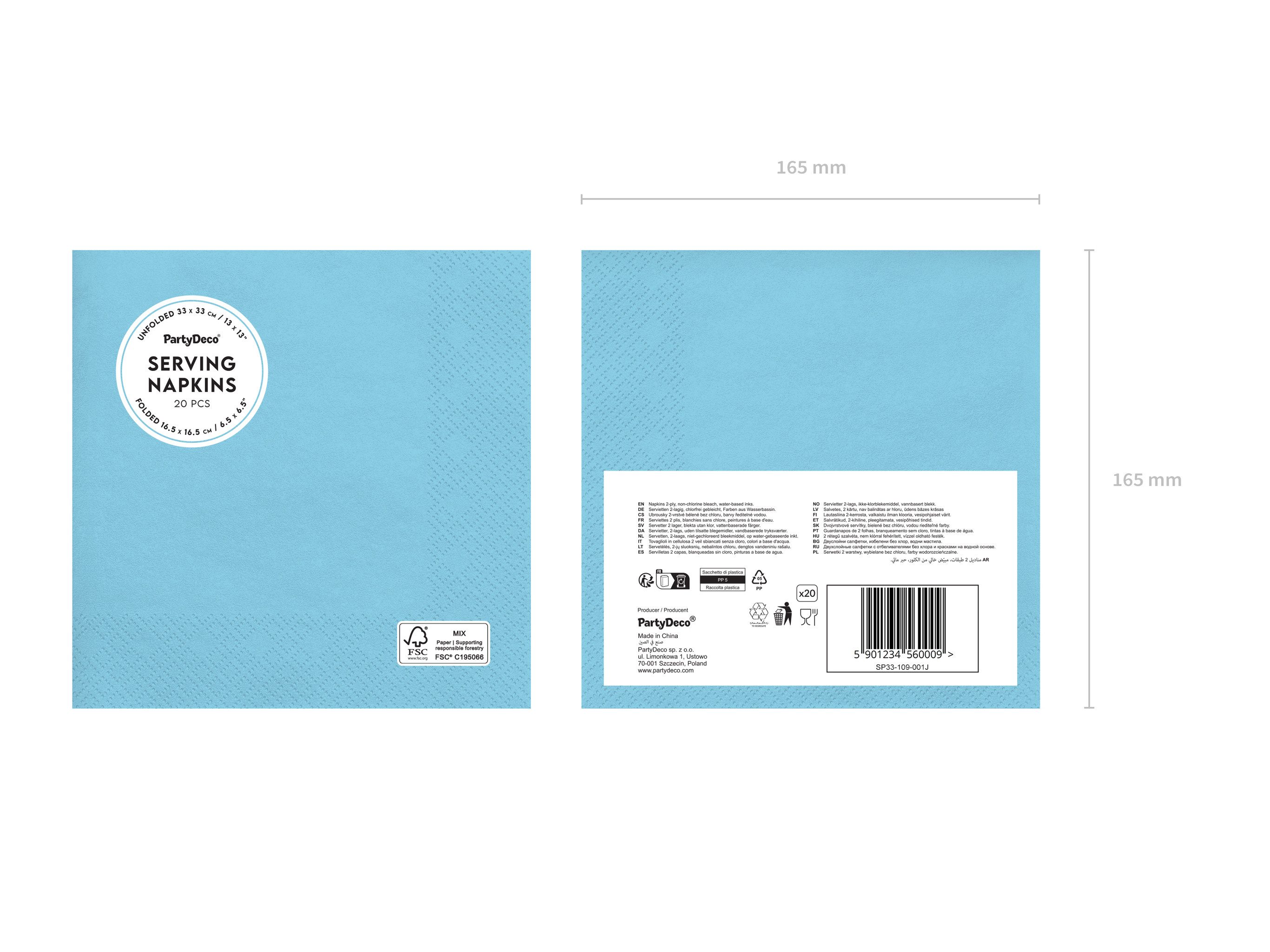 partydeco Papierserviette, Servietten Papier 33x33cm 2-lagig 20 Stück Hellblau