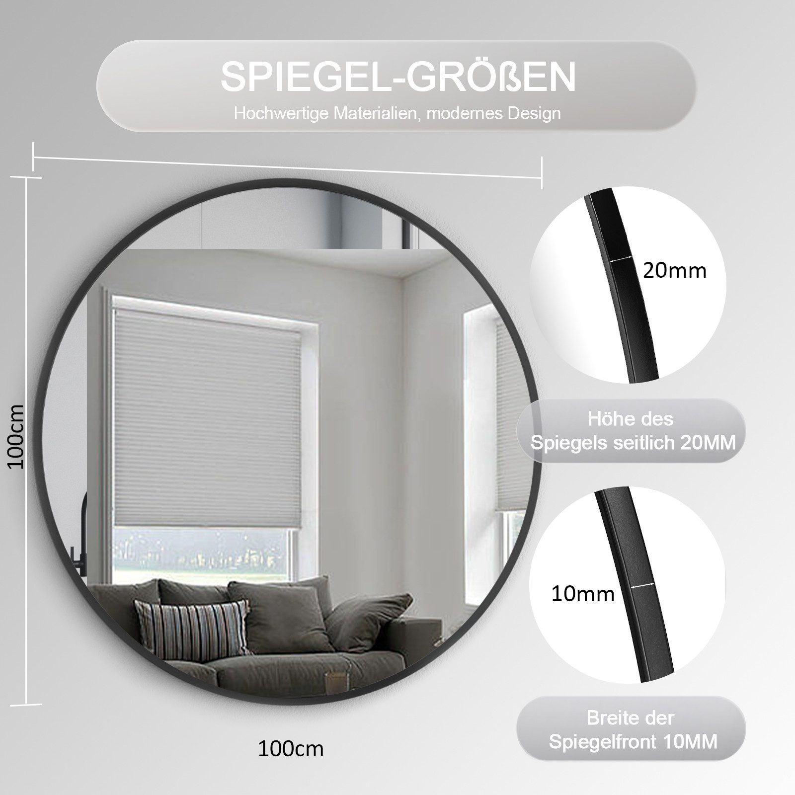 WDWRITTI Dekospiegel Schwarz Ø100cm für Friseurladen Friseurspiegel XXL Modern (Wandspiegel Rund 100cm, 1-St., Spiegel groß), Design Rundspiegel, Flurspiegel mit Alurahmen