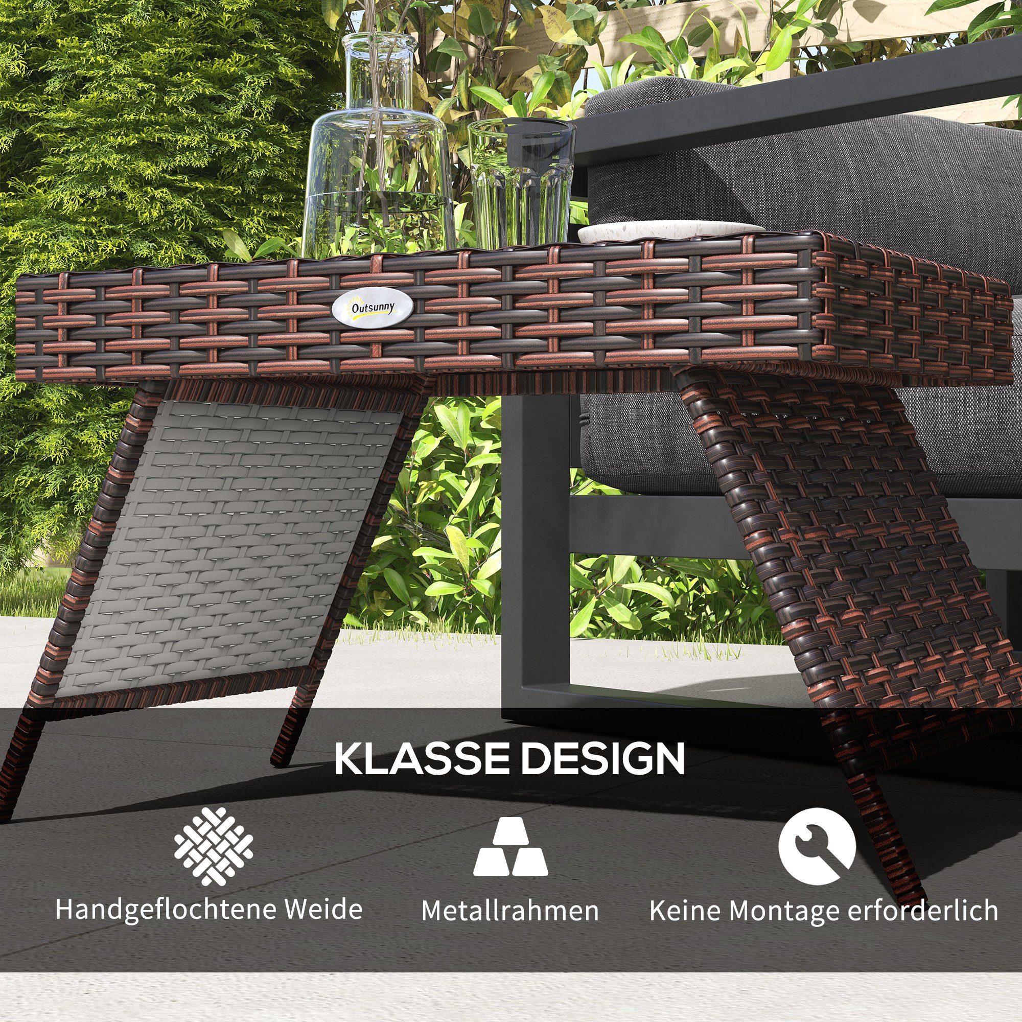 Outsunny Beistelltisch Rattan Gartentisch Klapptisch wetterfester Campingtisch (Couchtisch, 1-St., Kaffeetisch), für Garten, Balkon, Braun, 60 x 41 x 41 cm – Bild 5 von 5