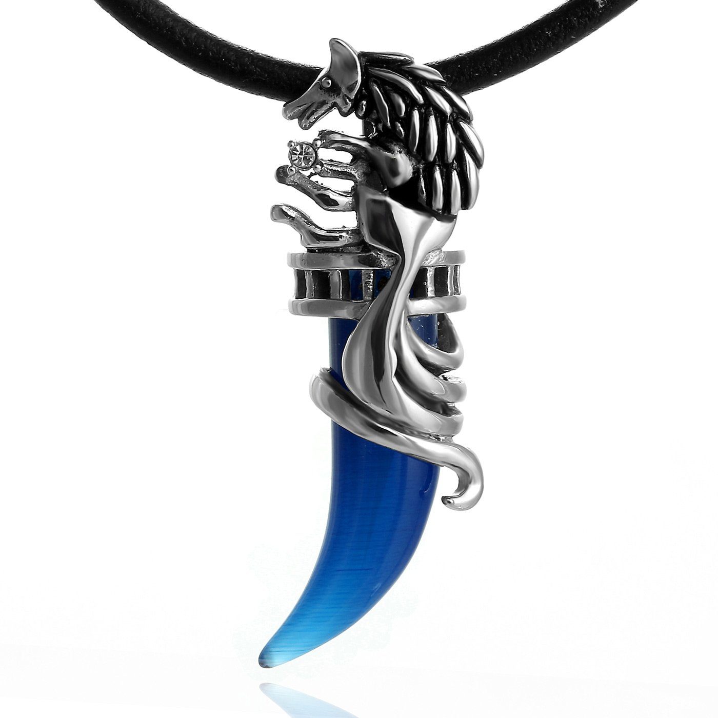 Samtbeutel Lederkette Anhänger, (1-tlg), Lederband, blau Anhänger im cm Herren-Halskette mit Halskette 50 mit DonDon maskuline Kette Wolf-Zahn