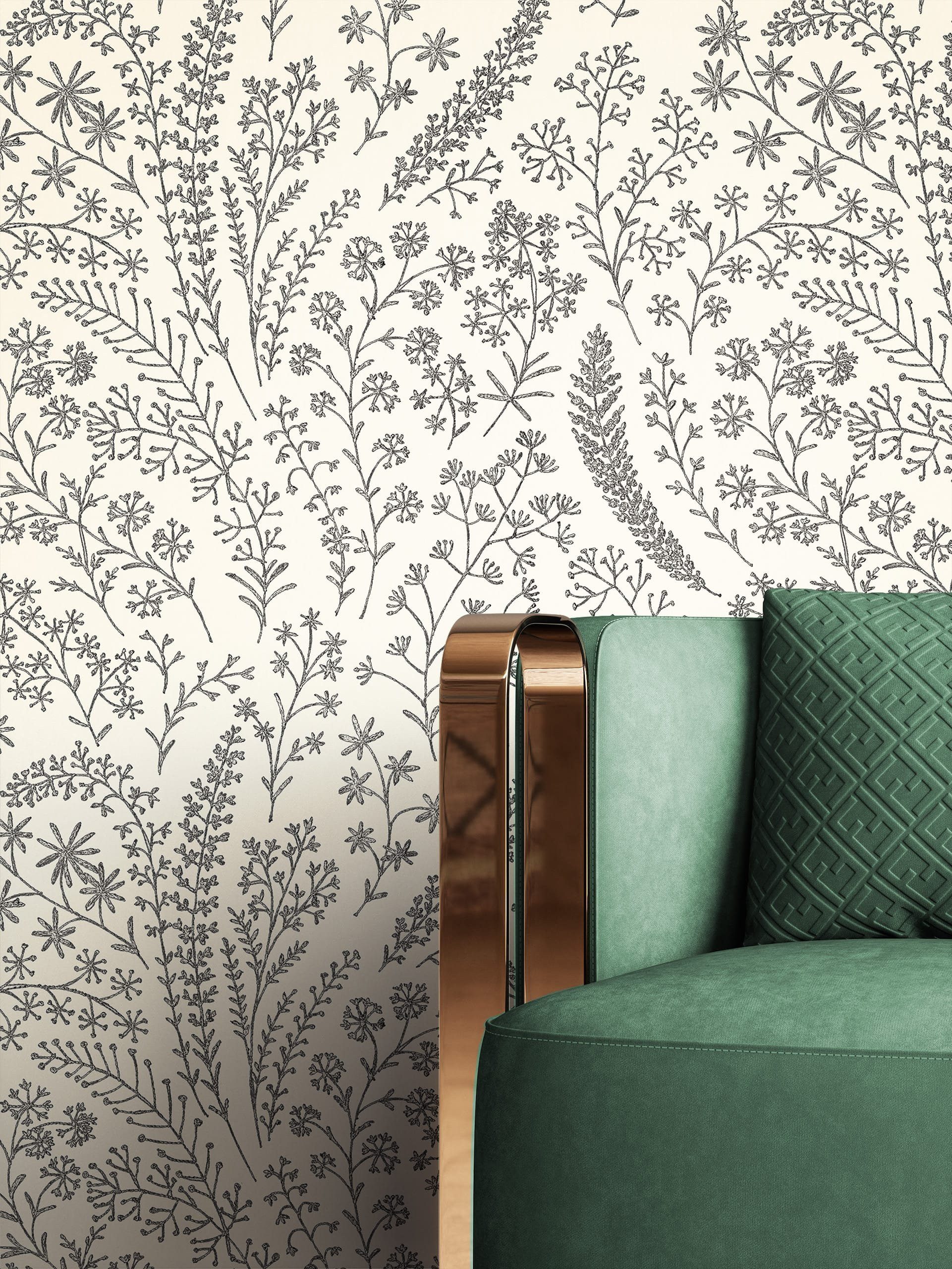 Newroom Vliestapete Rika White Tapete Vintage Blumen,Floral,Zweige, Weiß Tapete Floral Blumen - Vintage Blumentapete Schwarz Romantisch 3D Optik Floral Zweige für Wohnzimmer Schlafzimmer Küche, Blumentapete