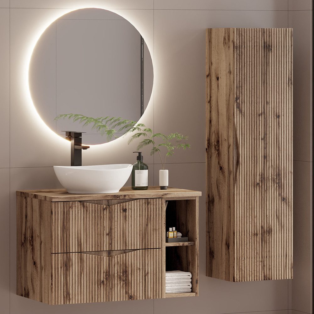 Lomadox Badmöbel-Set CALURI-140, (Spar-Set, 3-St., LED-Spiegel Waschtisch Hochschrank), in Eiche mit gerillter Front, grifflos, wandhängend