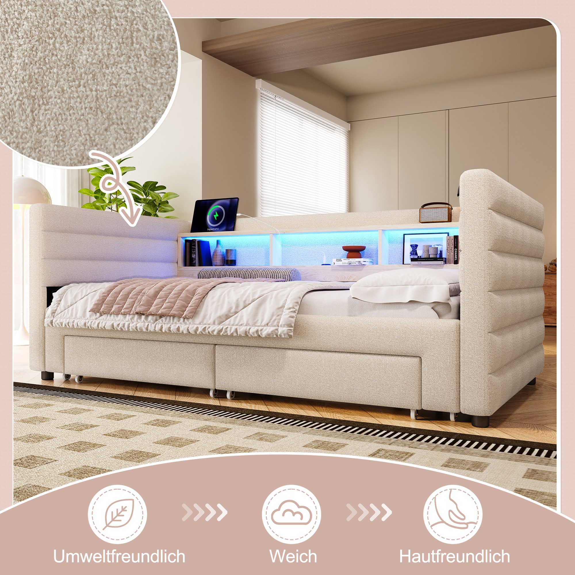 OKWISH Daybett Tagesbett,Sofabett,mit 2 Schubladen, Schlafsofa (mit LED-Beleuchtung & USB-C-Anschlüssen, Ausziehbares Polsterbett aus Samt mit Staufächern), ohne Matratze