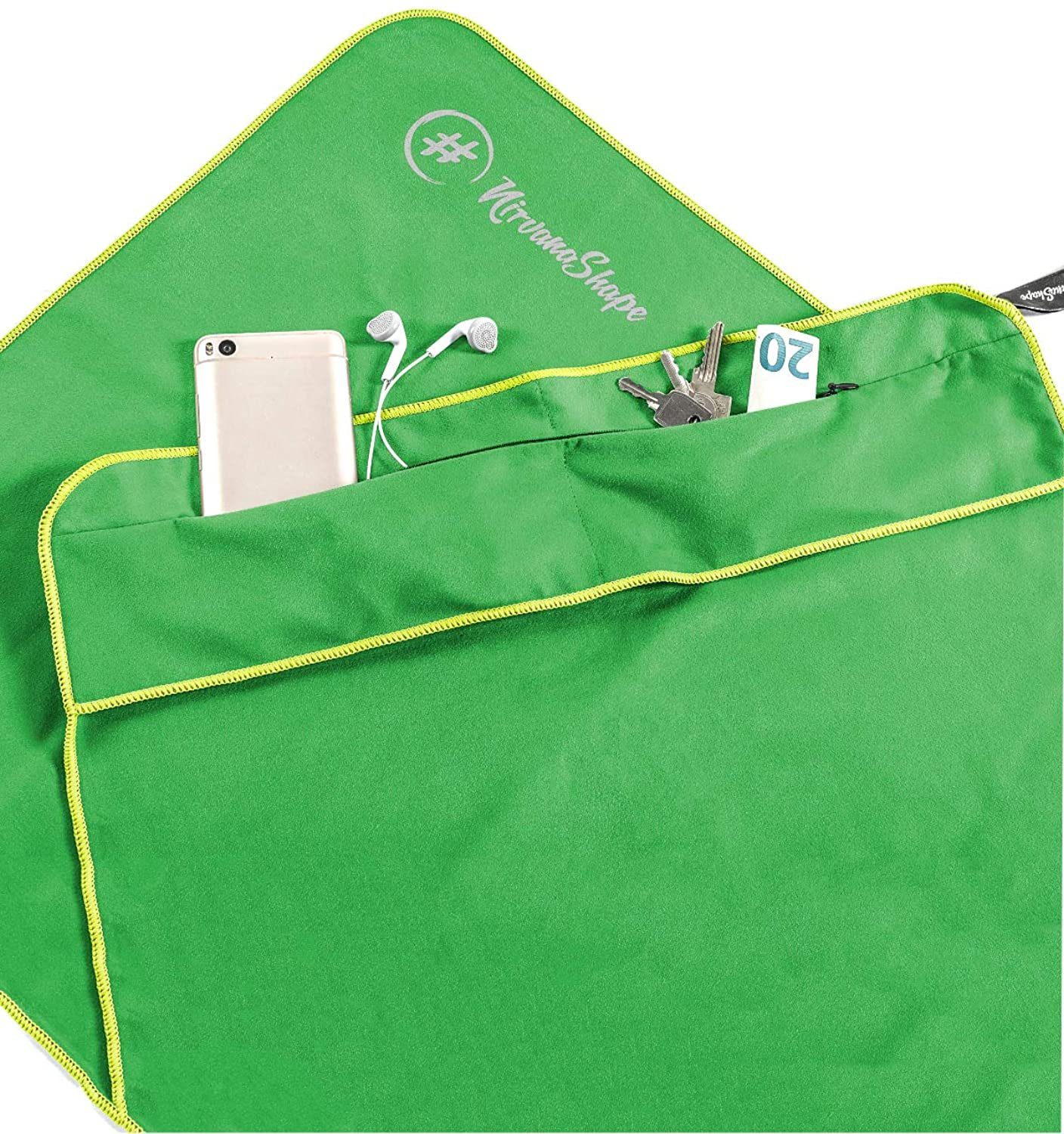 NirvanaShape Sporthandtuch Fitness-Handtuch mit Magnet-Clip, Mikrofaser Sporthandtuch, Microfaser, 2x Reißverschlusstaschen & Funktionaler Geräteüberzug, Ultra-Saugfähig Grün / Grüner Rand