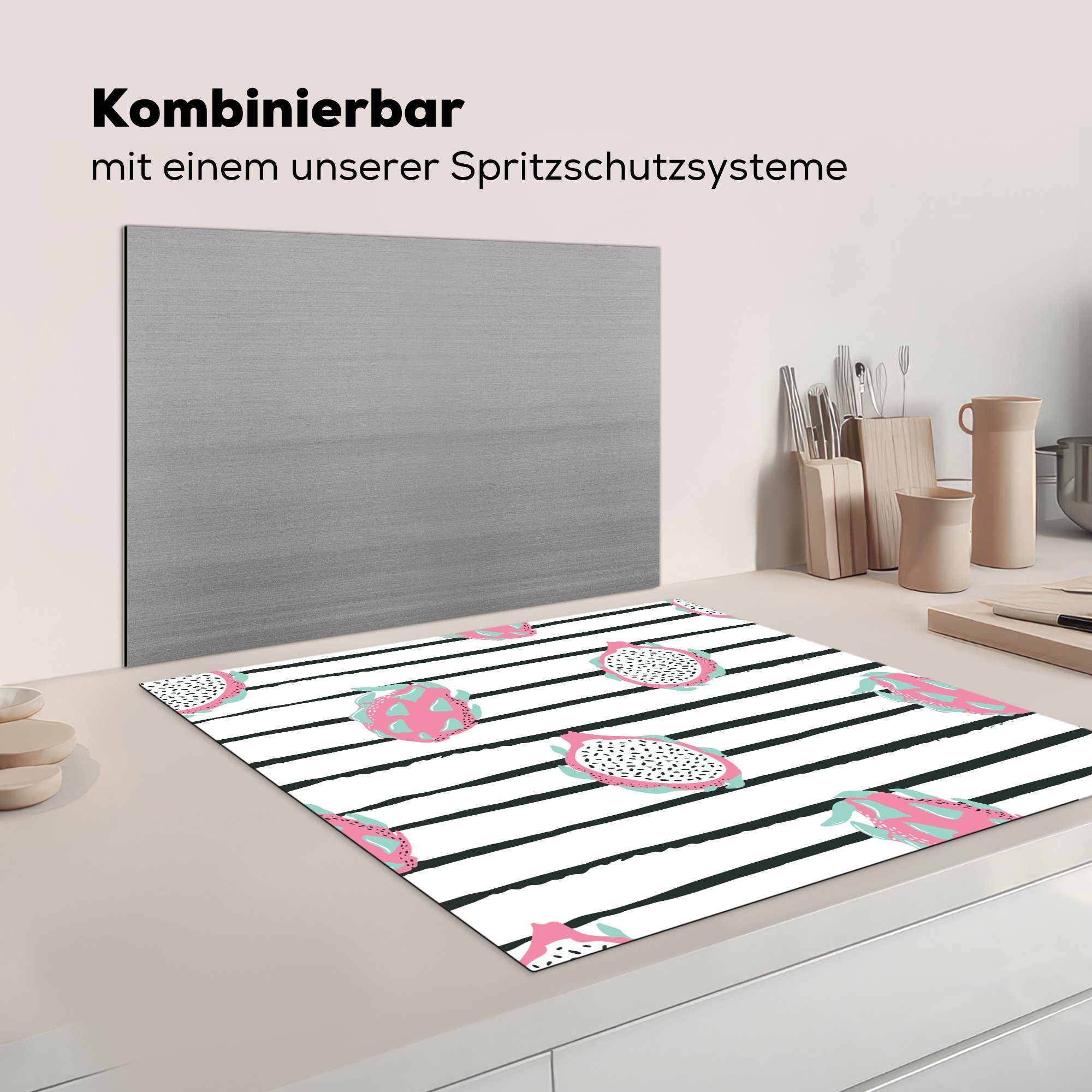 für Streifen, küche 78x78 (1 Vinyl, Ceranfeldabdeckung, cm, Sommer Herdblende-/Abdeckplatte tlg), - Arbeitsplatte Obst - MuchoWow