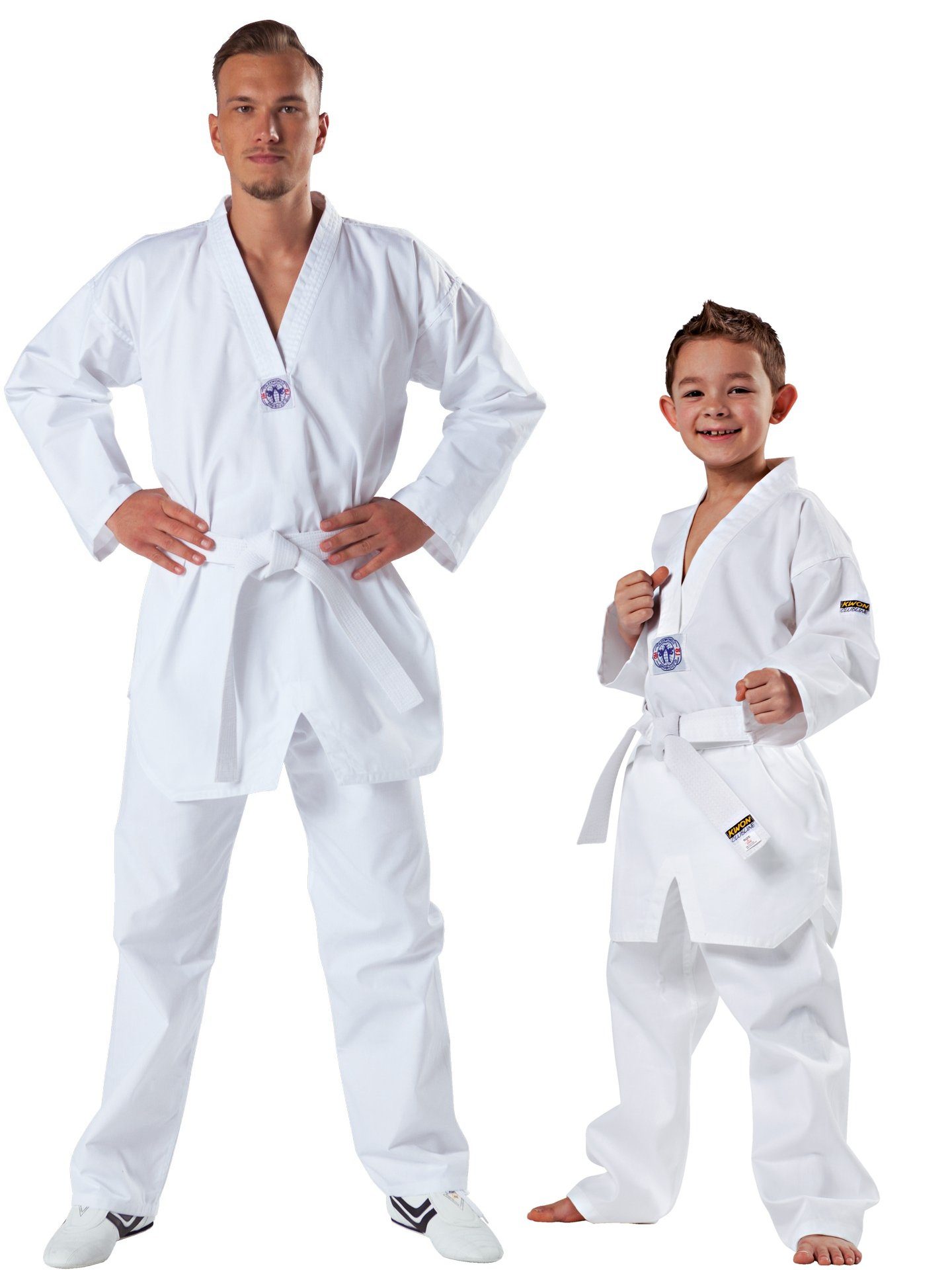 KWON Taekwondoanzug Song Taekwondo Anzug mit Gürtel Hose und Jacke Club Line (komplett, 3 Teile), Kinder, Erwachsene, Größen: 90 - 210 cm, weiß, 8 OZ