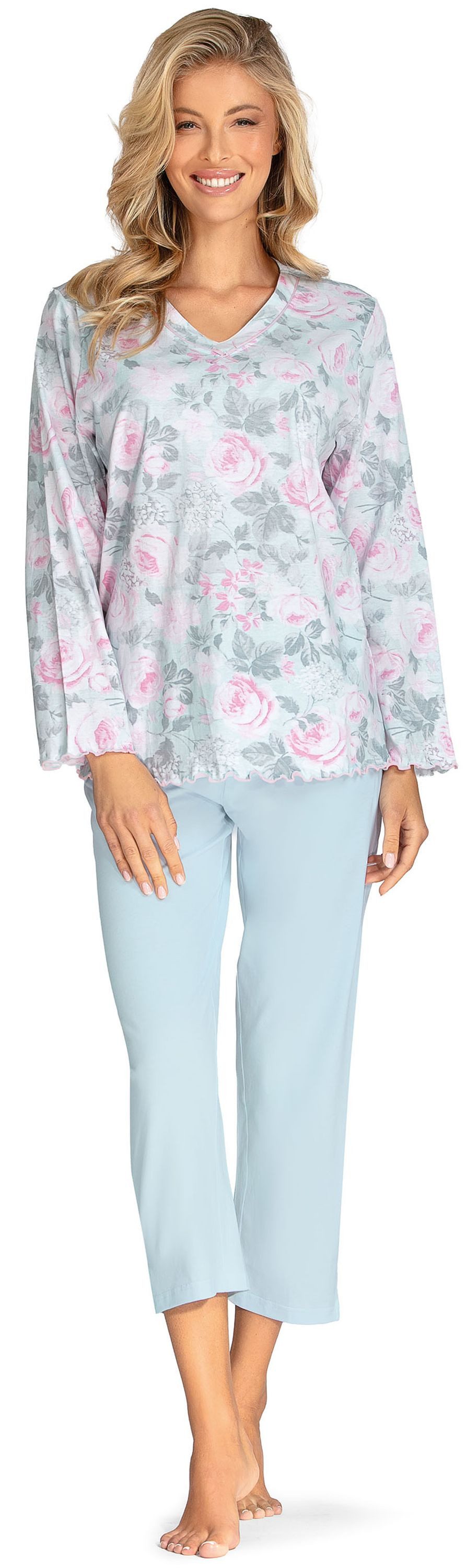 comtessa Schlafanzug Lovely Dreams (Set, 2 tlg., 2-teilig) Damen Pyjama lang Baumwolle Langarm 7/8 Hose Wellensaum große Größen