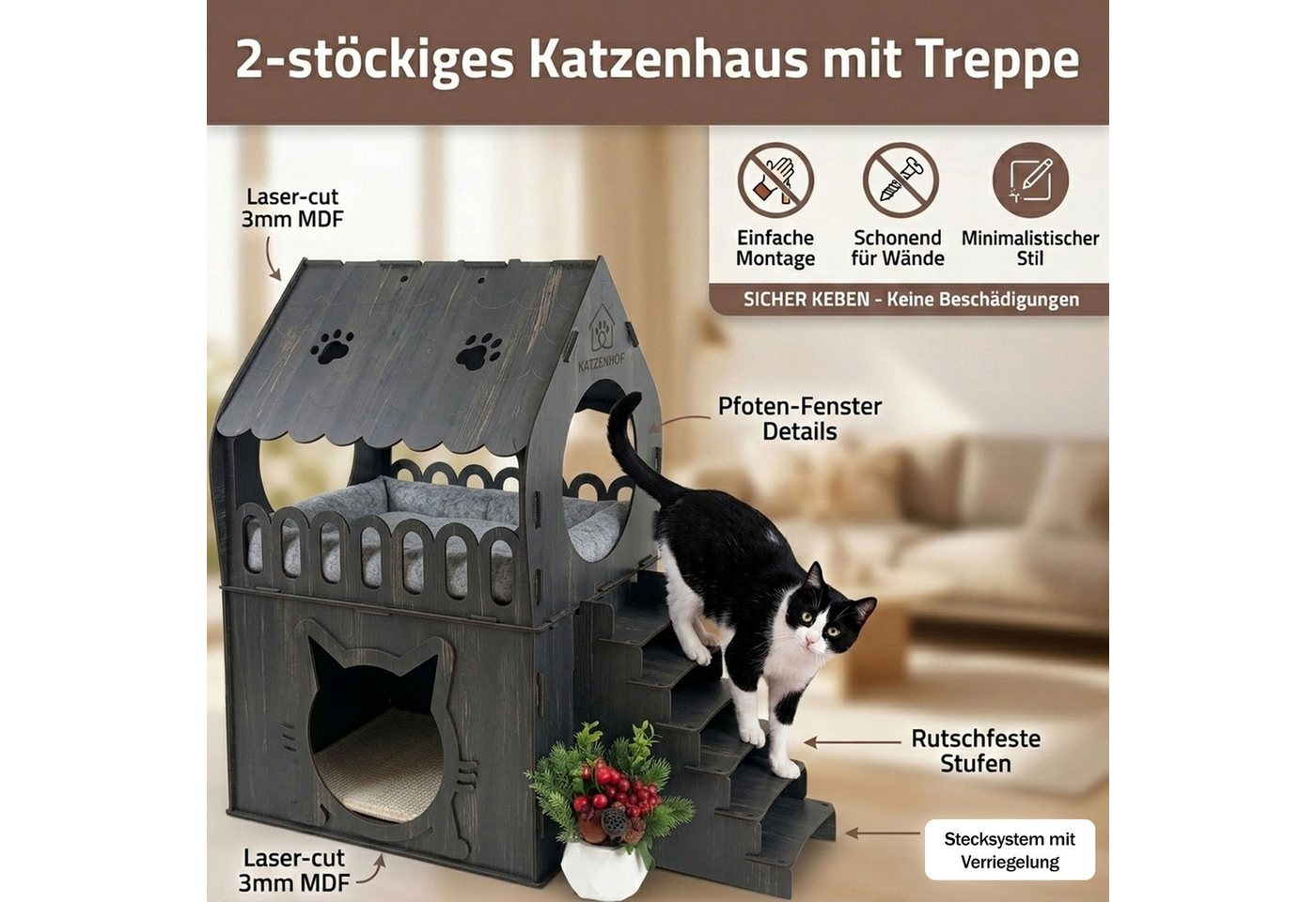 Jungengel Tierhaus Zweistöckiges Katzenhaus aus MDF – Dunkelbraun – in XL, XXL, 3XL, Werkzeugfreier Aufbau, Doppelgeschossig, Balkon, Treppe, Katzenöffnung