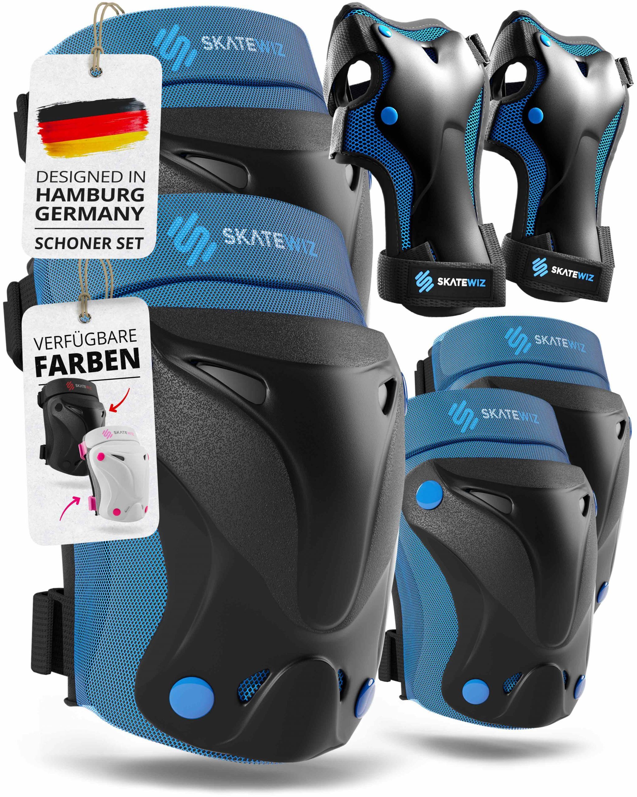 SKATEWIZ Protektoren-Set Schützer Skateboard ab 8 Jahre Protektoren Kinder und Erwachsene (Inline Skate Schonerset, 6-tlg., Knieschoner Geschenke für Kinder - Inliner Schoner), Inline Skate, Skateboard & Schlittschuhe Schoner