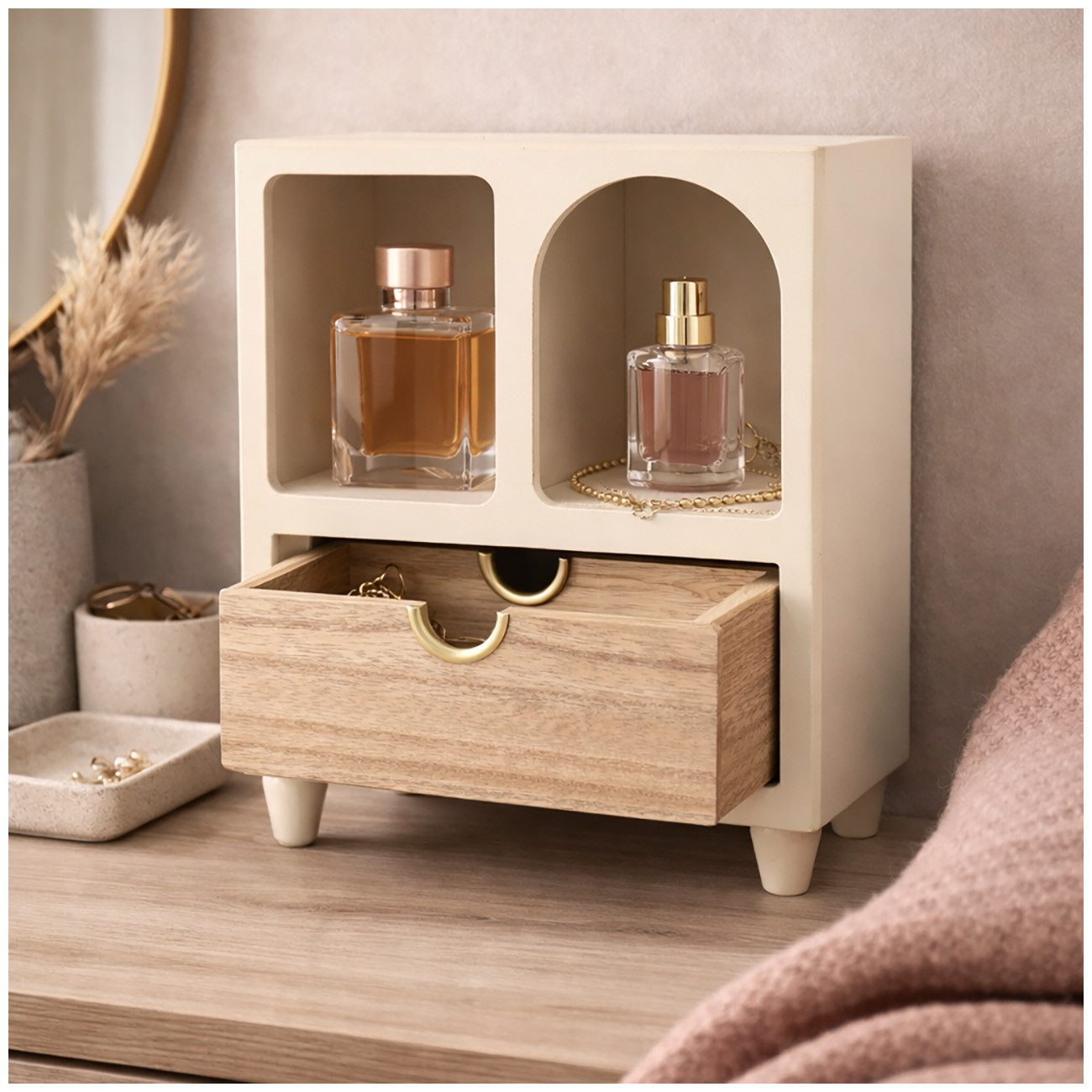 HTI-Living Schmuckkasten Minikommode mit Schublade MDF Aufbewahrungsschrank mit offenen Fächern (1 Minikommode ohne Dekoration)