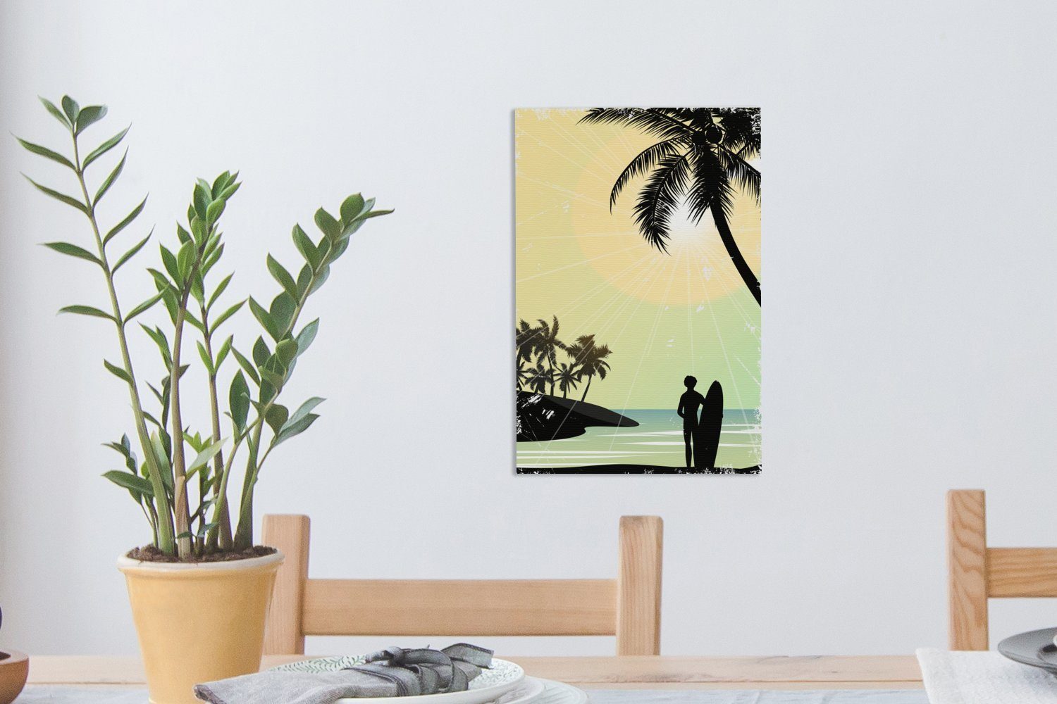 bespannt Palmen, - St), inkl. Strand - cm Zackenaufhänger, Surfbrett - fertig Gemälde, 20x30 OneMillionCanvasses® (1 Leinwandbild Leinwandbild Sonne