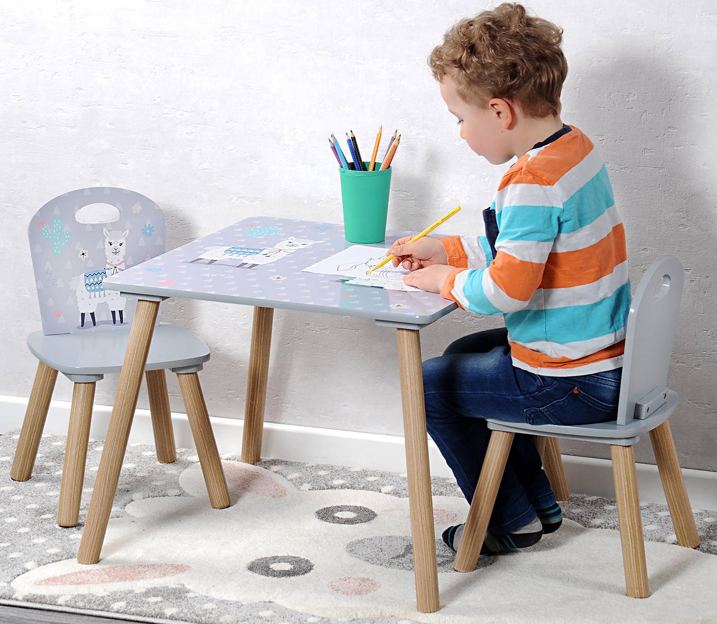 Kesper Kindertisch Kindertisch + 2 Stühle, grau mit Lamas, KESPER (funktional), keine