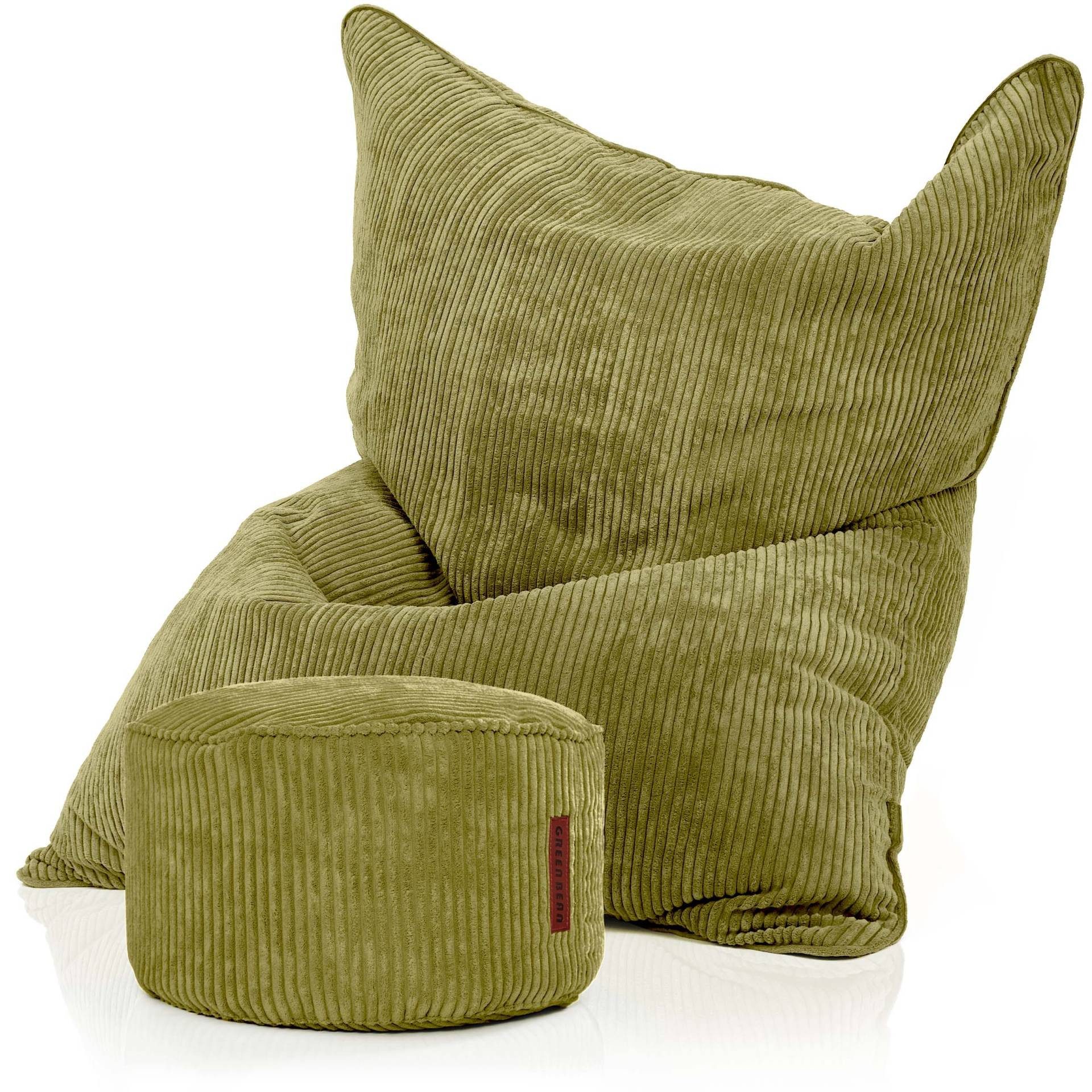 Green Bean Sitzsack XXL Sitzsack Square Cord + Hocker (Sitzsack + Hocker im Set - XXL Riesensitzsac mit passendem Fußhocker), Bean Bag Bodenkissen Liegekissen Sitzkissen Indoor Drinnen Waschbar