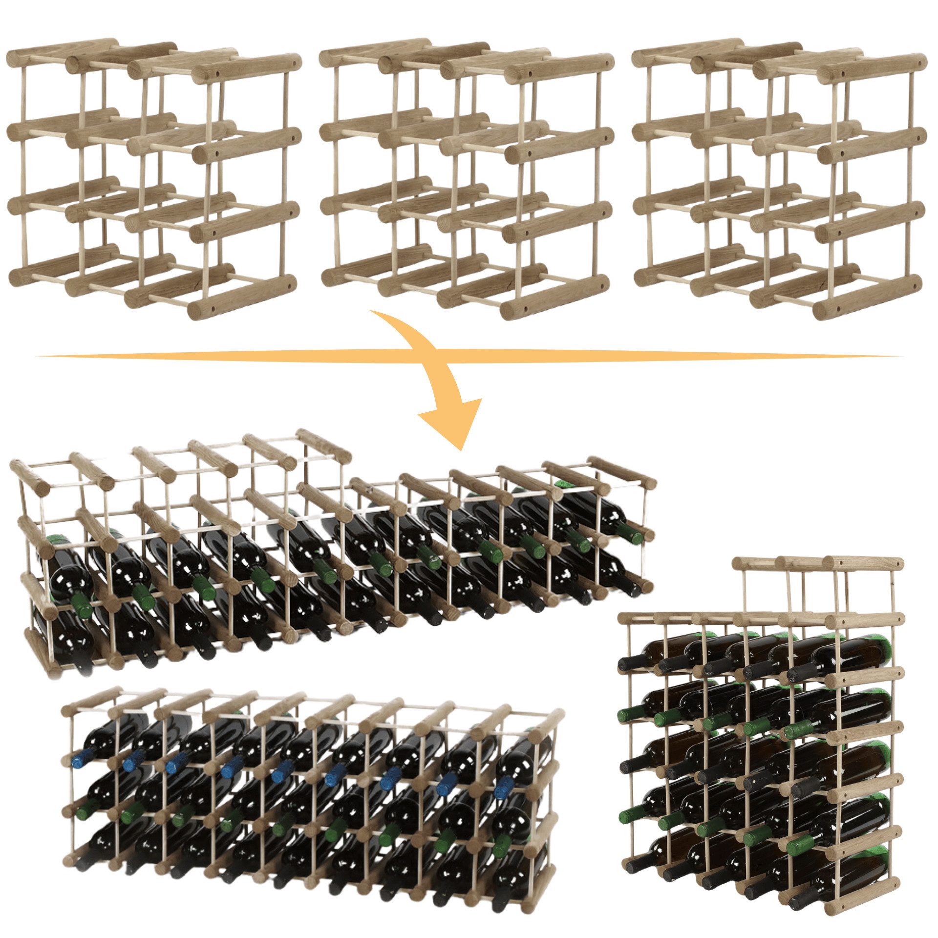 Modo24 Flaschenregal RW7 Eiche Nadelholz Massivholz Für 12 bis 76 Flaschen oder mehr, Weinregal Modular Flaschenregal Weinständer Flaschenständer