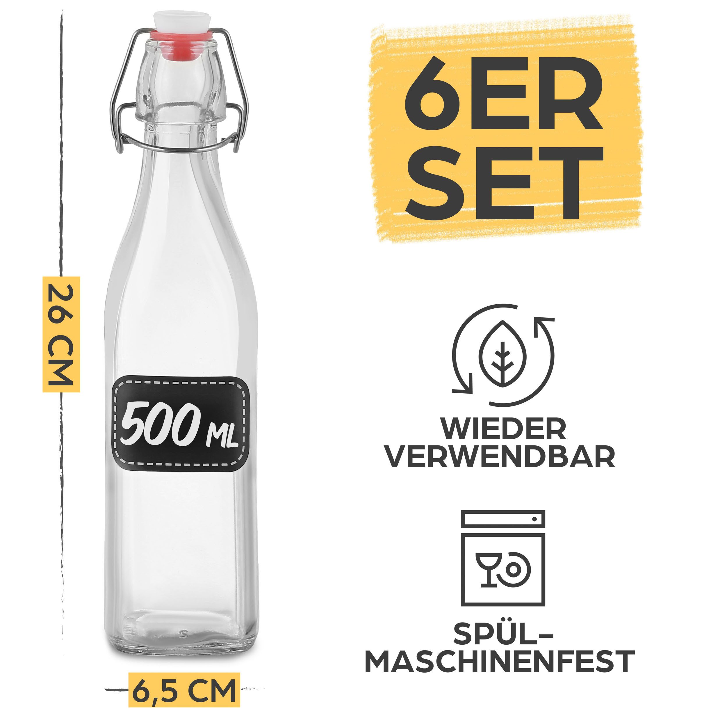 Praknu Trinkflasche 6er Set Glasflaschen 500ml Bügelverschluss Eckig - Bügelflaschen, Bügelverschluss Eckig - 6 Etiketten mit Stift und 6 Extra Dichtungen