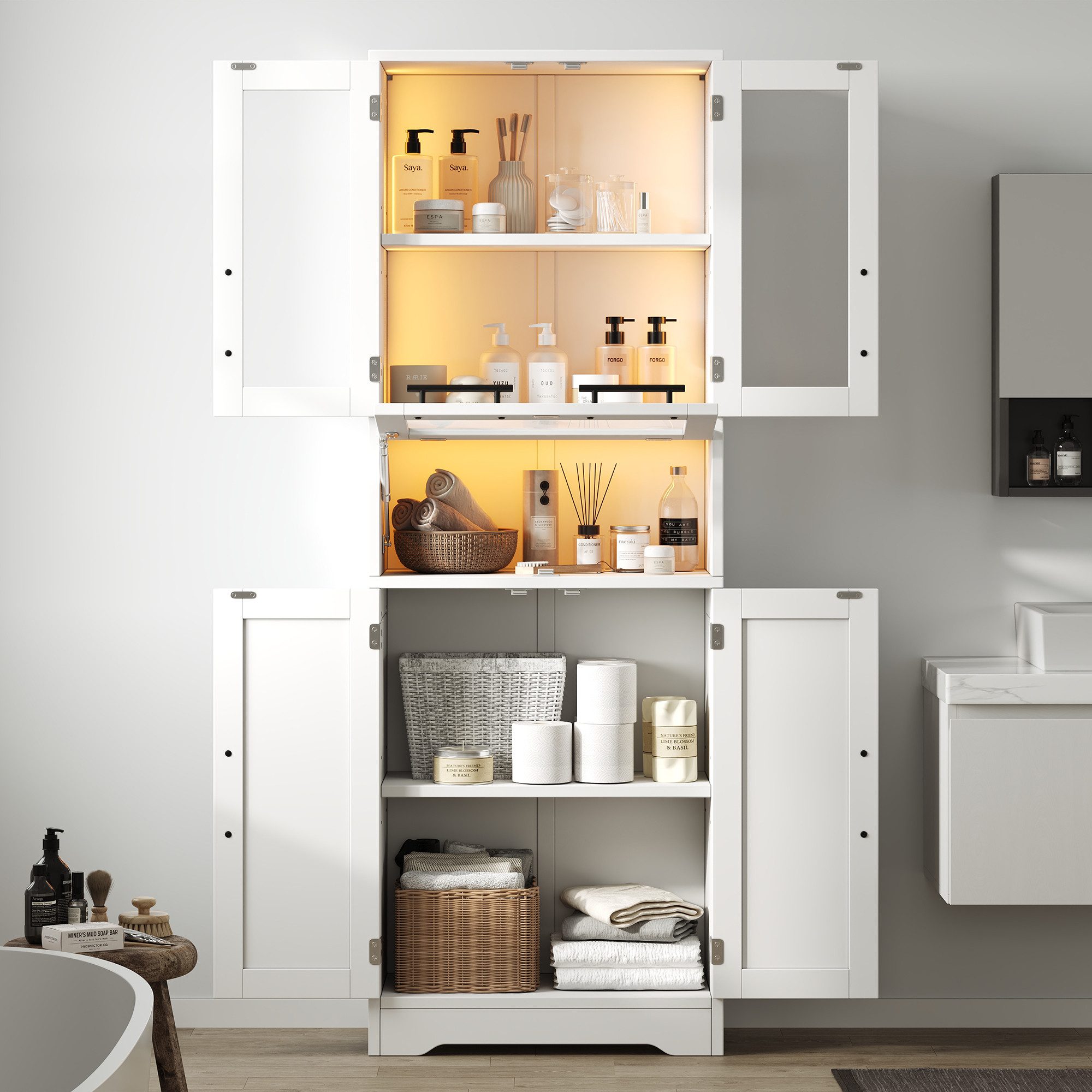 REDOM Hochschrank Badezimmerschrank (für das Badezimmer mit per App steuerbarem LED-Lichtstreifen, Glastüren, verstellbaren Einlegeböden im nordisch-minimalistischen Stil, weiß, 1-St., 60×30×170cm)